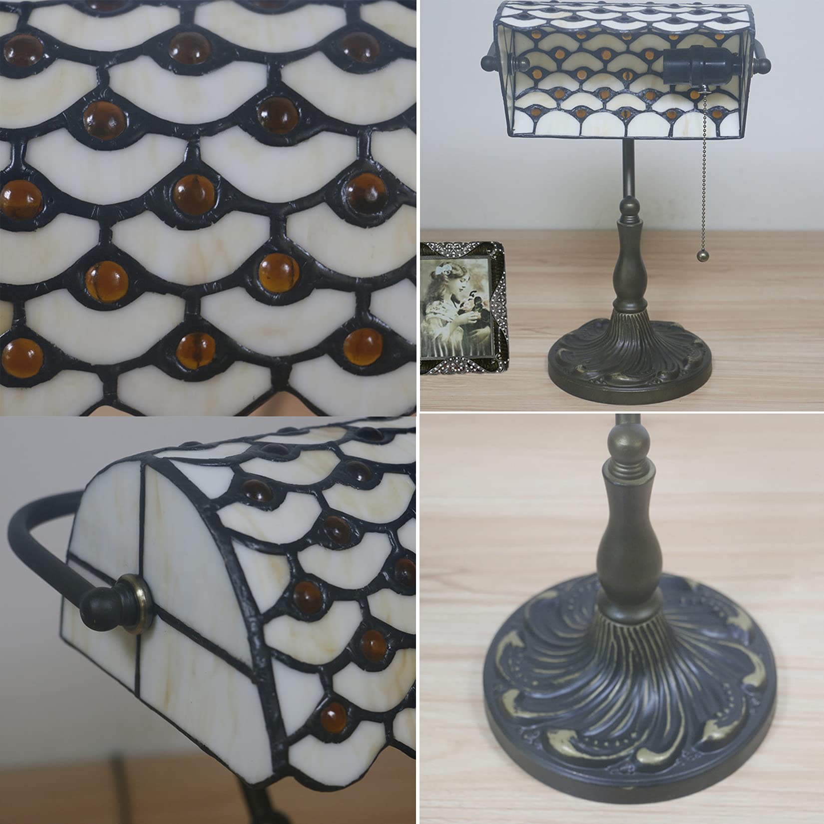 Lampada da banchiere Vintage Lampada da Tavolo in Stile Tiffany Lampada da scrivania per Pianoforte Lampada da Comodino con Base in Lega Anticata Lampada da Notte per Camera da Letto Paralume in vetr