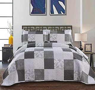 Ycosy Plaid Quilt Set Flowers Tartan Quilt White Black Plaid Floral Coverlets Full/Queen Size Lightweight Summer Square Coverlet Boys Bedspreads Dreamy for All Season -1 Quilt +2 Pillow Shams