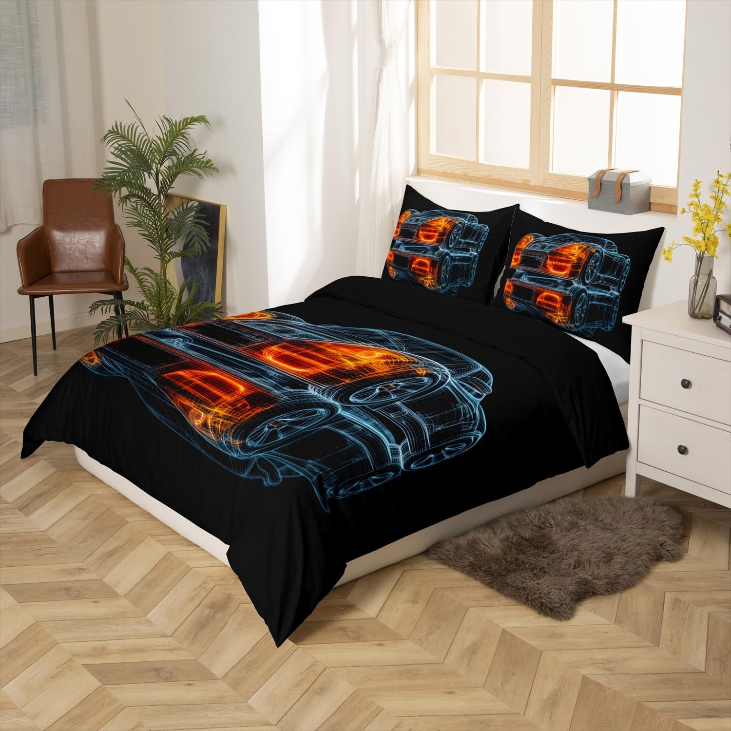 Homewish Zestaw pościeli do samochodu wyścigowego żółta neonowa poszewka na kołdrę, Sxtreme samochód wyścigowy podwójna poszewka na kołdrę, czarny pasek nadruk narzuta na łóżko dla dzieci chłopców