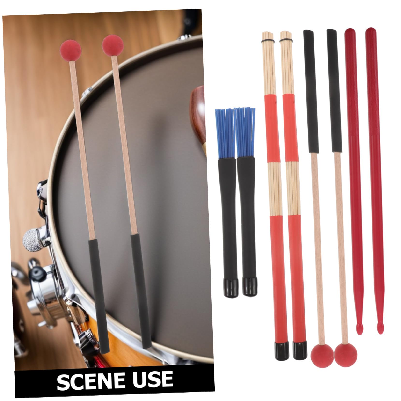 Juego de Accesorios para Batería con Funda Roja Antideslizante, Baquetas de Madera y Escobillas de Nylon para Adultos y Principiantes en Jazz y Blues
