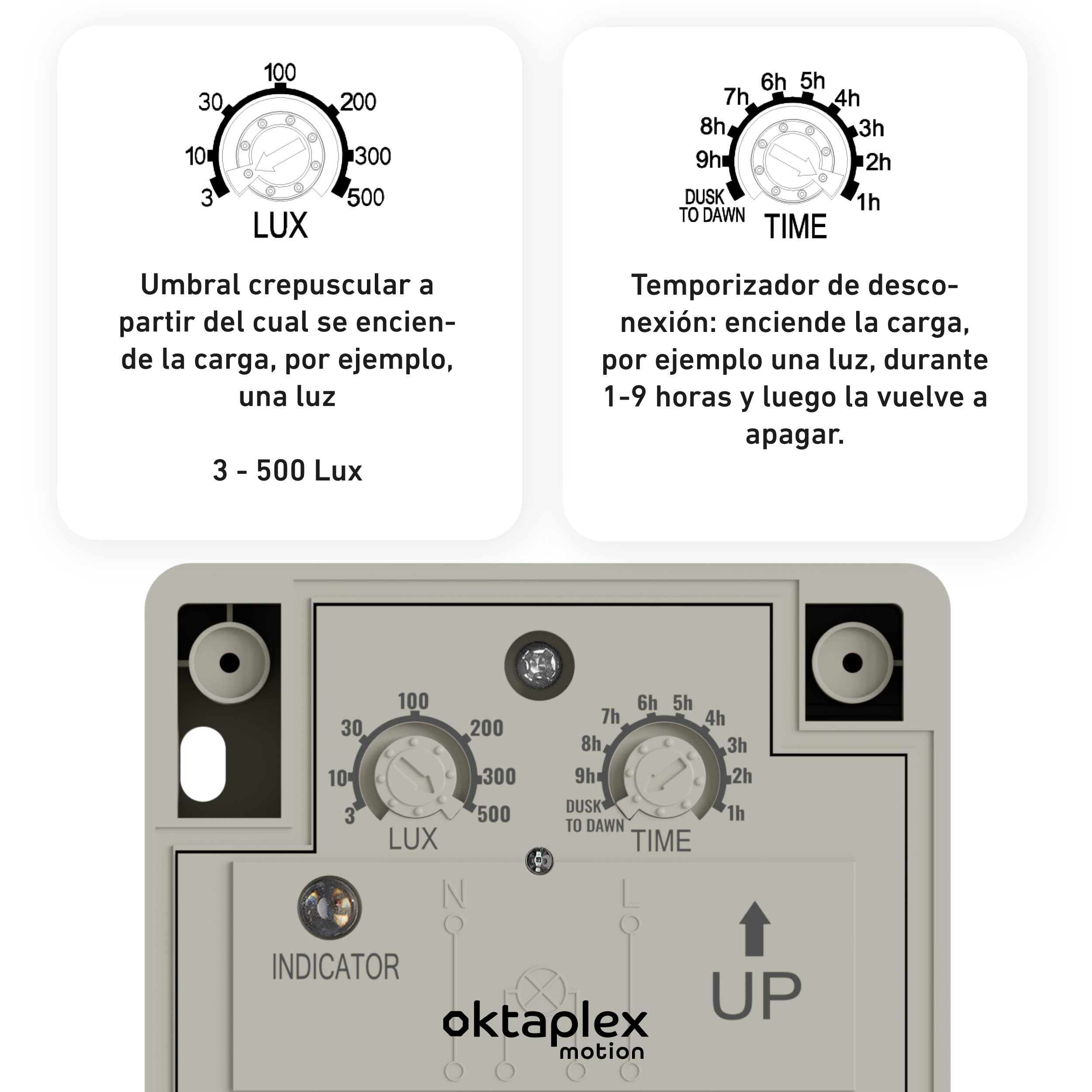 Oktaplex Bela interruptor crepuscular exterior con temporizador de apagado IP65 230V gris-blanco sensor crepuscular ajustable