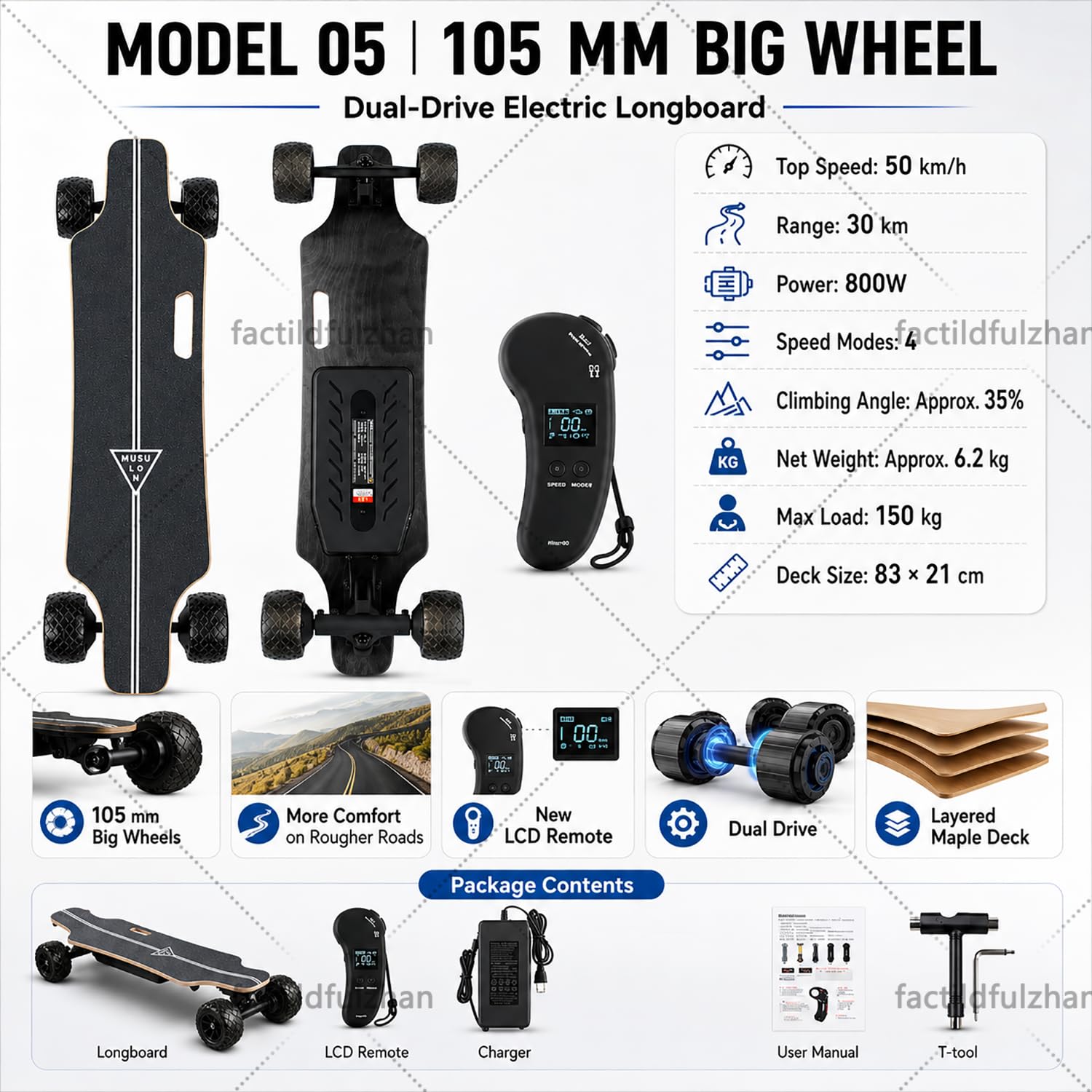 Nuovo Skateboard Elettrico 105MM Grandi Ruote per Adulti con Telecomando LCD, Doppia Trasmissione, Lunga Distanza, Campus, Percorsi Parco e Divertimento Outdoor