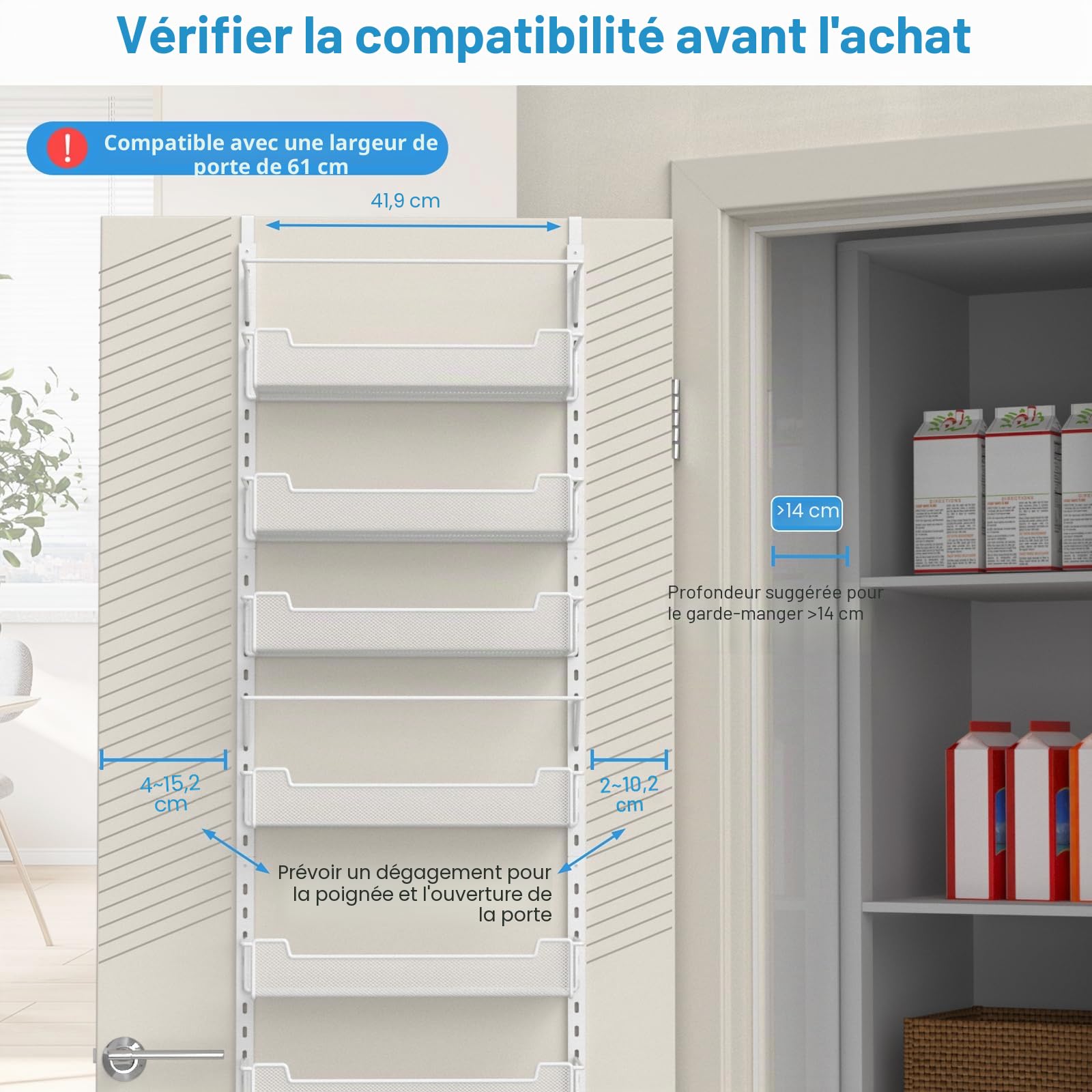 VyGrow Rangement au-dessus de la porte, 10 niveaux de rangement au-dessus de la porte avec panier réglable pour garde-manger, cuisine, salle de rangement, étagère à épices, blanc