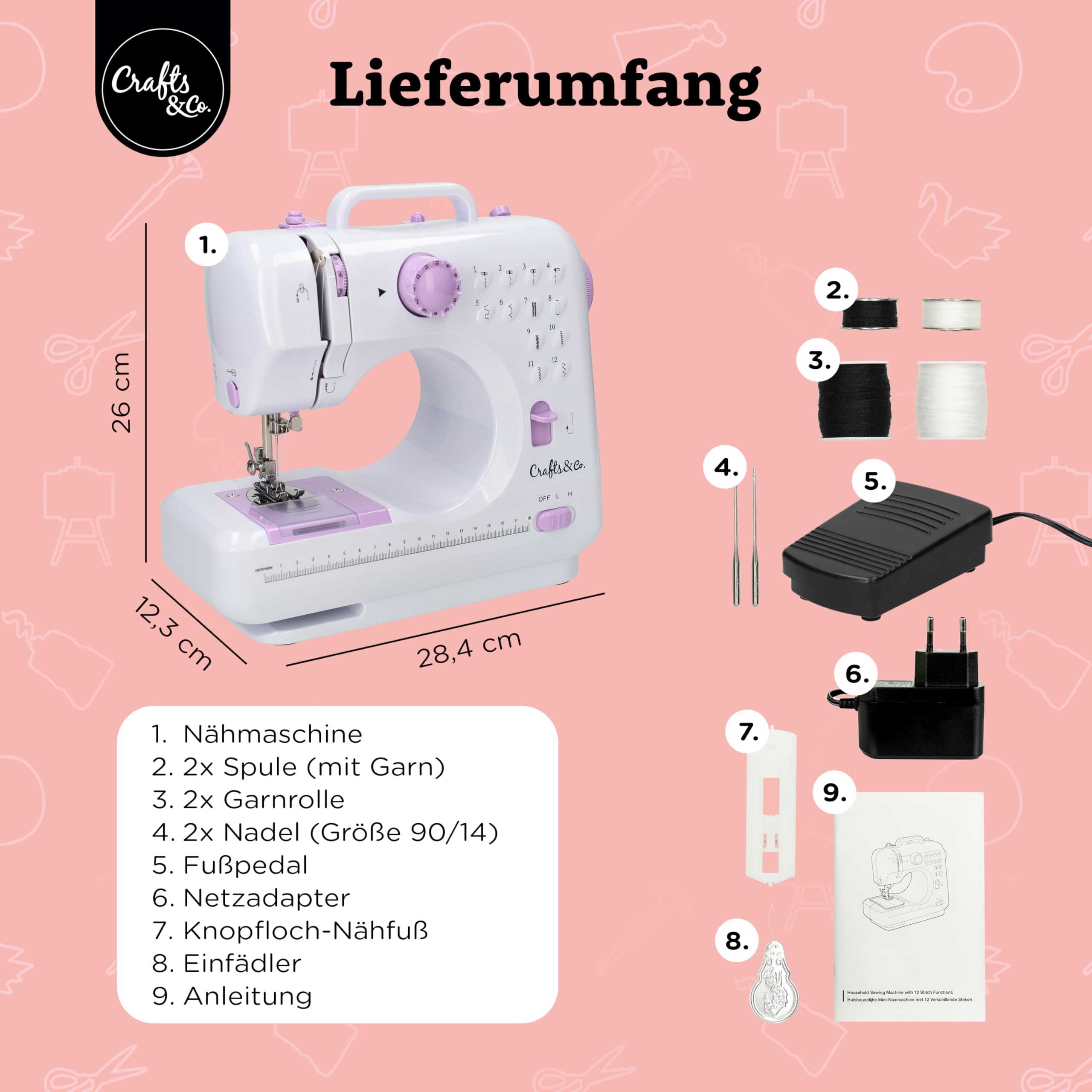 Crafts&Co® Nähmaschine für Anfänger | 28.4x12.3x26cm | Weiß-Lila | Handnähmaschine mit Eingebautem LED-Licht und Fußpedal, 12 Stiche, Mini Nähmaschine, Singer, Pfaff