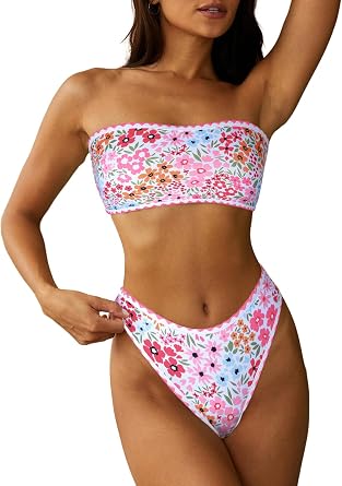 ZAFUL Women Strapless Bandeau Bikini 2 Piece Swimwear Lace up Bathing Suits | Strapless Textured Bikini Set Cheeky Solid Bandeau Bathing Suits