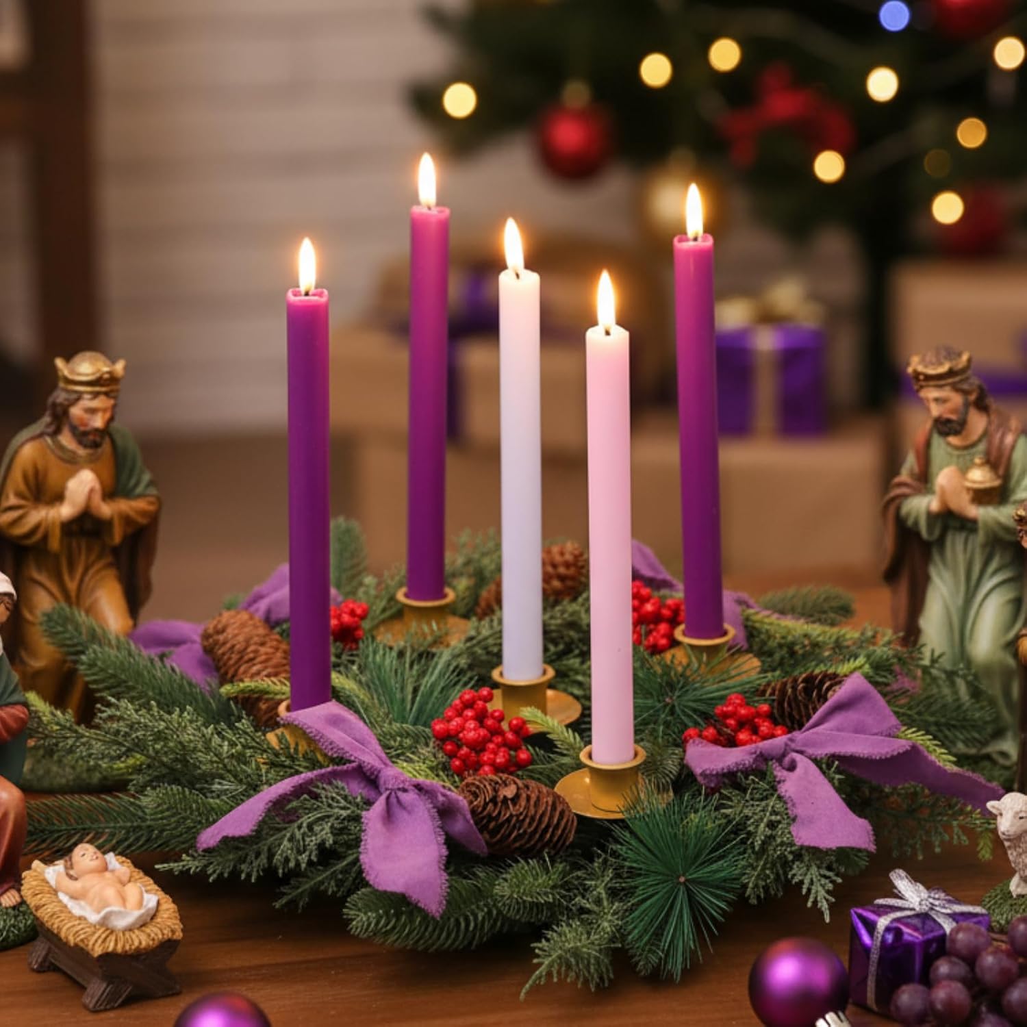6 Pcs Purple Bow Christmas Advent Wreath with 5 Flameless Advent Candles, 11.8" Wreath with Remote, Flickering Flameless Candles for Candle Holder Holiday School Church X-Mas Celebration