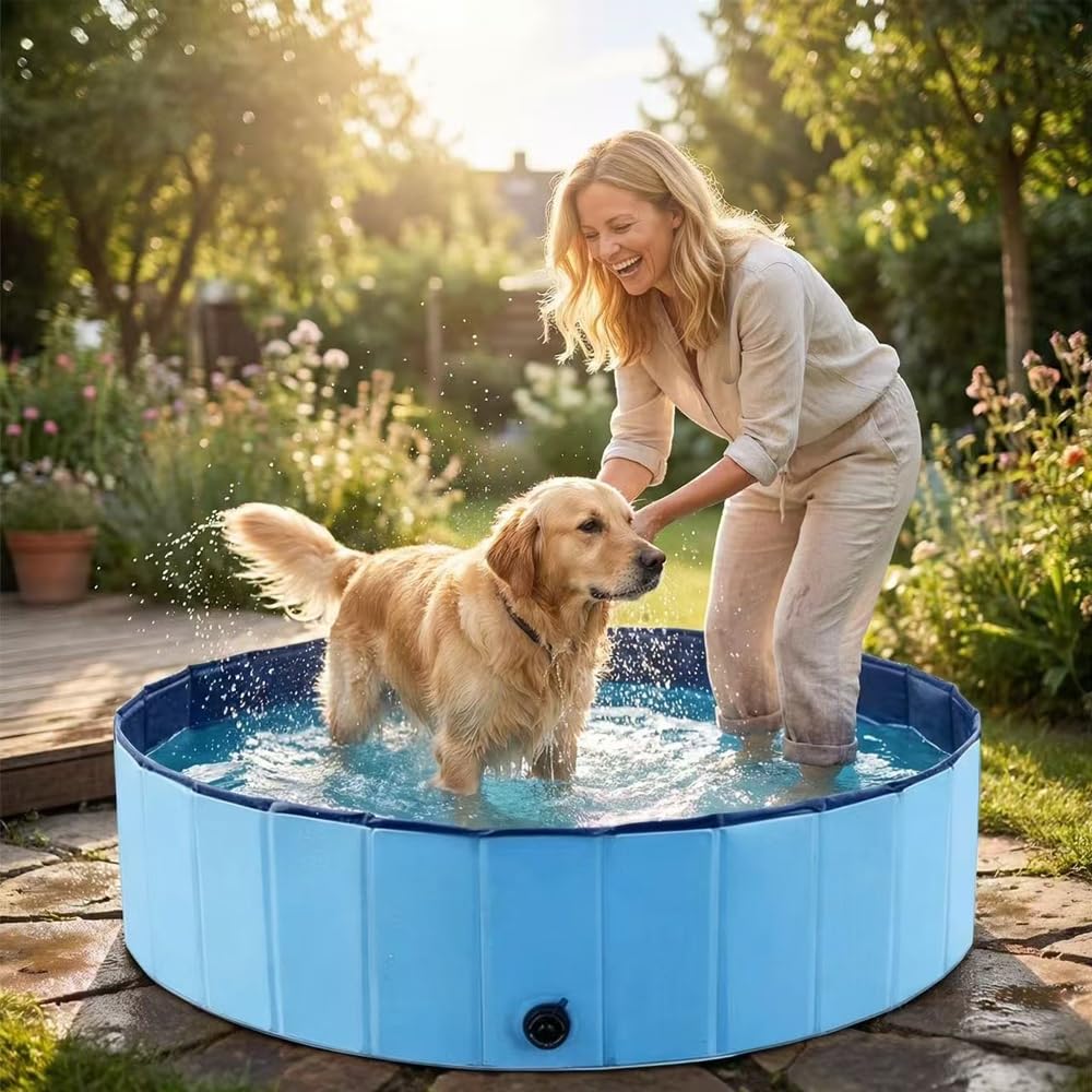 Piscine Pliable Chien Ø160cm, Hauteur 30 cm,Dog Paddling Pool avec bonde,Foldable Pet Pool,Pataugeoire Chien,Piscine PortableChien,en PVC résistant aux Rayures