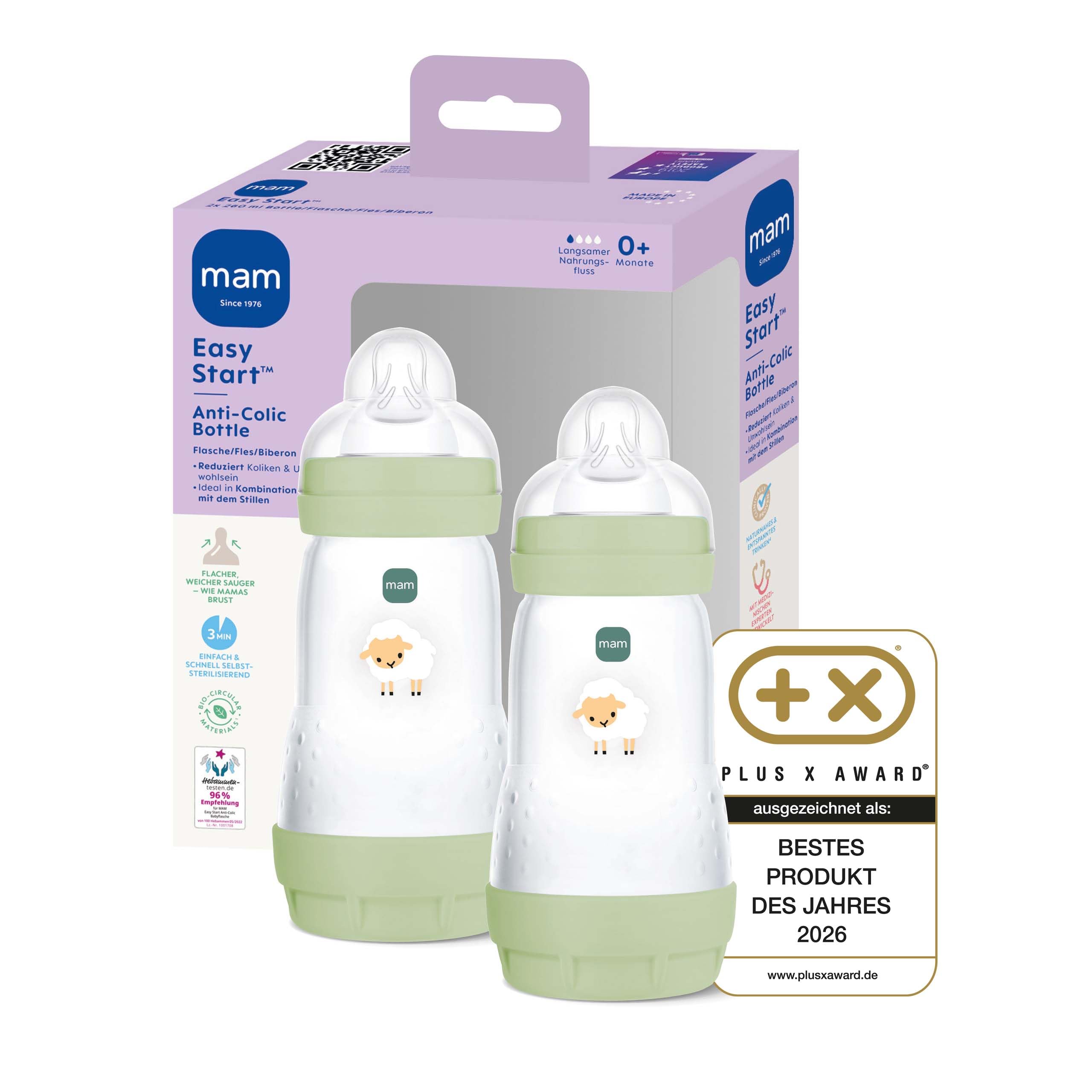 MAM Easy Start Anti-Colic Babyflasche | 0+ Monate | Testsieger | Milchflasche für Neugeborene | Weniger Koliken | stillfreundliche Baby Trinkflasche | Sauger Gr. 1 | 260ml | Schaf | 2 Stück