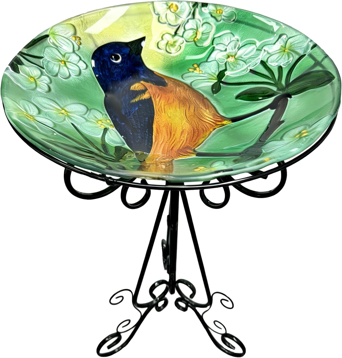 Large Bird Bath for Outside, 18" H Glass Bath Bowl with Metal Stand 28" H Standing Outdoor Birdbaths for Garden Yard Lawn Decor,Baltimore Oriole