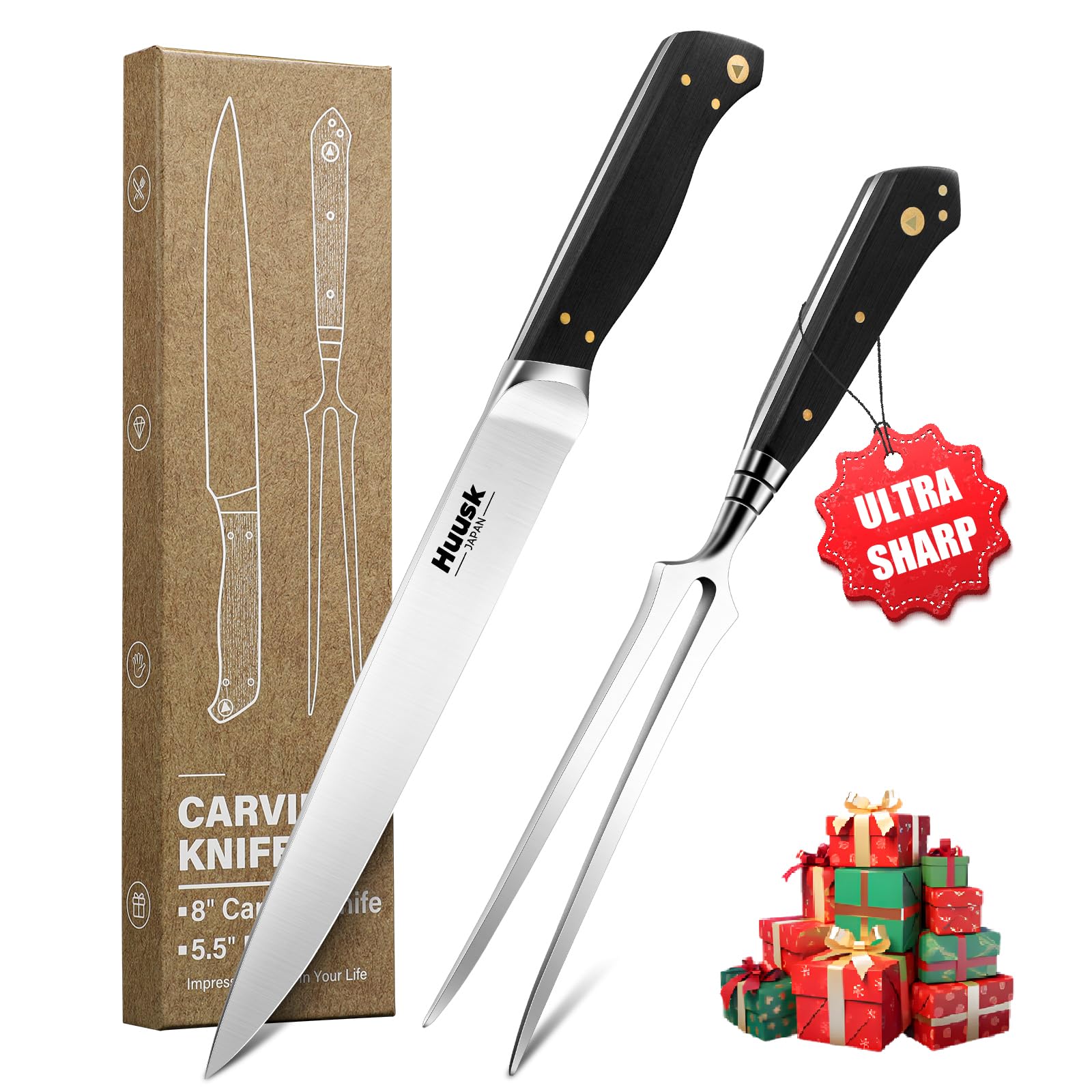 Huusk Turkey Carving Knife Set - Sharp Carving Fork & Knife for Meat, BBQ, Brisket - Japanese Slicing Knife with Elegant Box, Christmas Gifts for Men Women