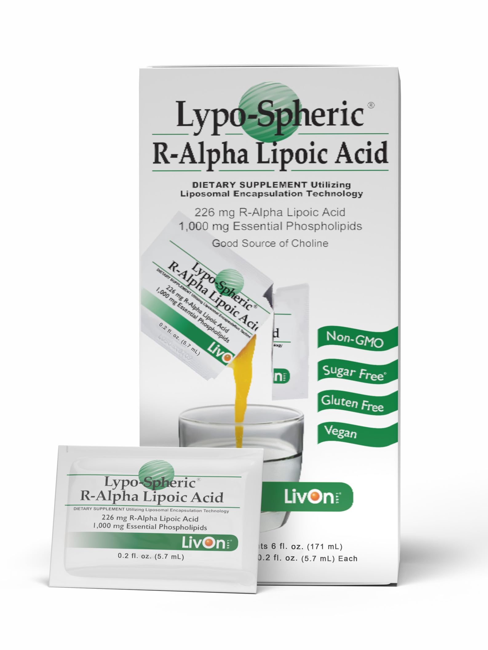 Lypo-Spheric R-Alpha Lipoic Acid - 30 Packets - 226mg Per Packet - Liposome Encapsulated for Maximum Bioavailability - 100% Non-GMO