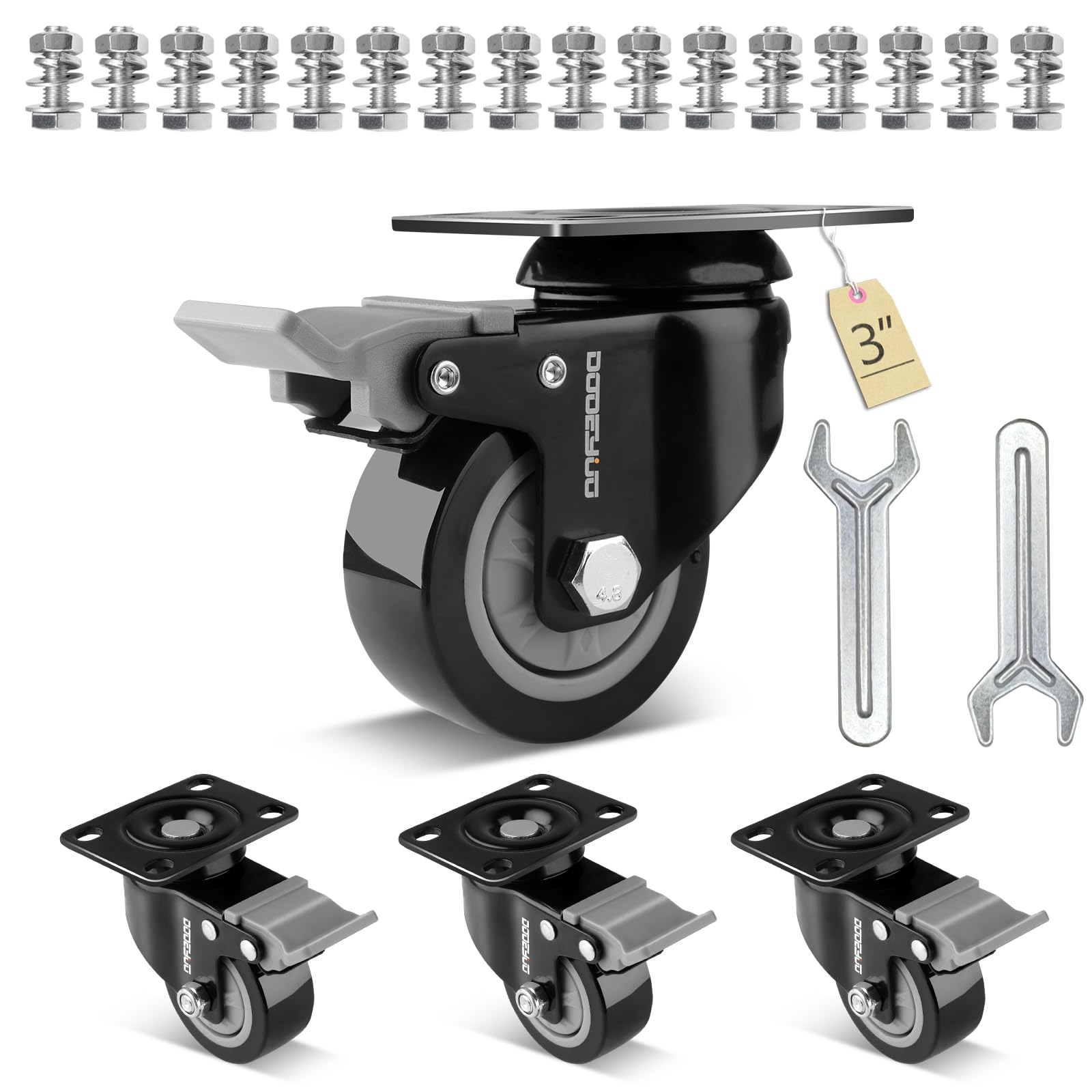 3 Inch Caster Wheels Heavy Duty Set of 4 with Brakes, Polyurethane Swivel Plate Casters for Furniture, Workbench, Rolling Carts, Toolbox, Utility Cart