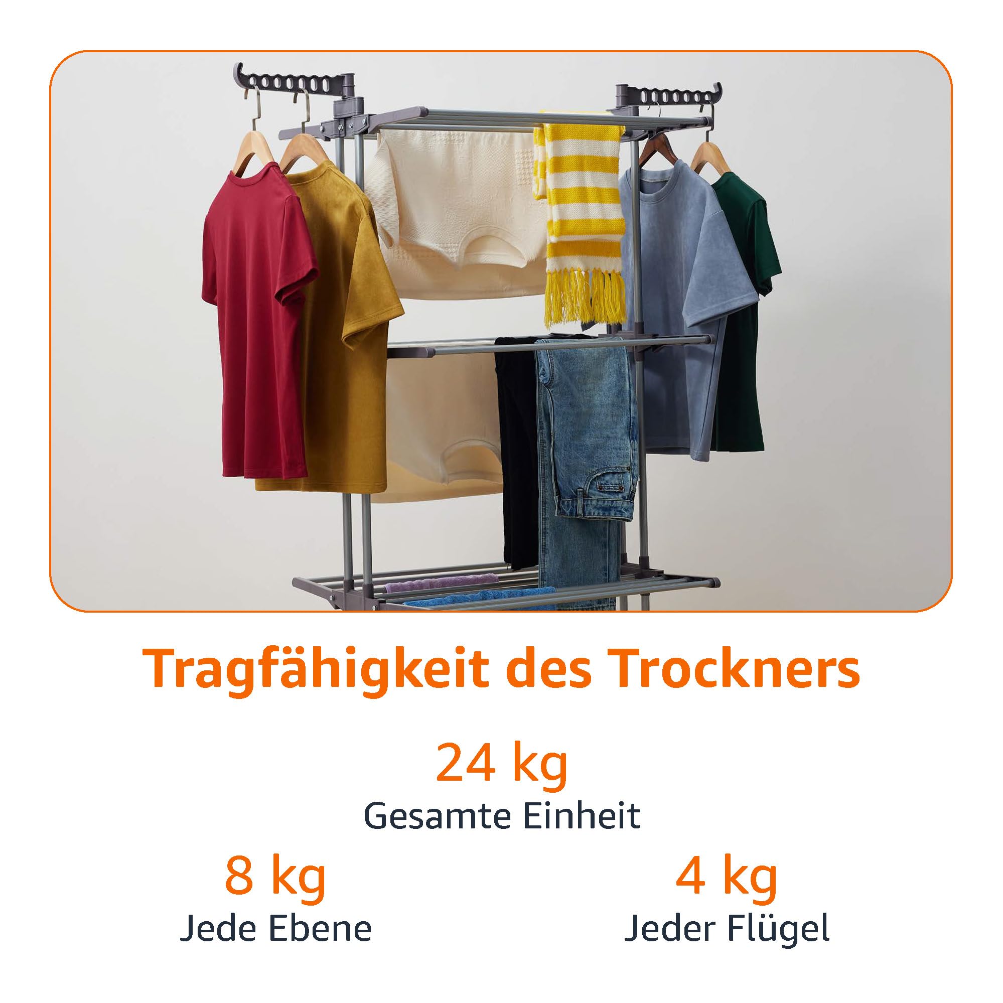 Amazon Basics Turm-Wäscheständer für innen mit faltbaren Flügeln, Garten, Grau, 4-stufig, 126 x 64 x 173 cm (L x W x H)