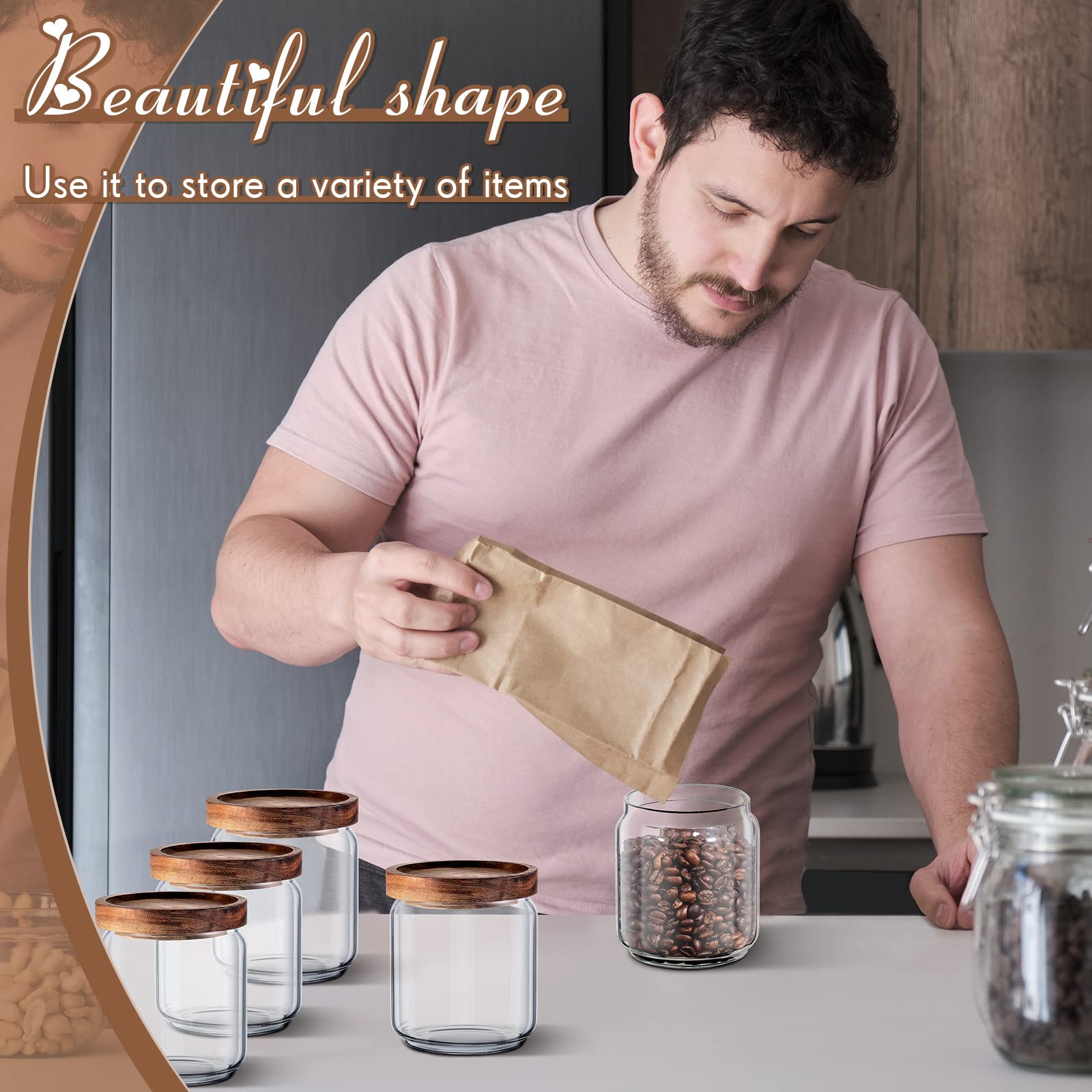 16 barattoli di vetro ermetici sigillati in vetro borosilicato trasparente con coperchi in legno, contenitori per spezie da cucina, per servire caffè, zucchero, tè, caramelle, noci e dispensa, bagno