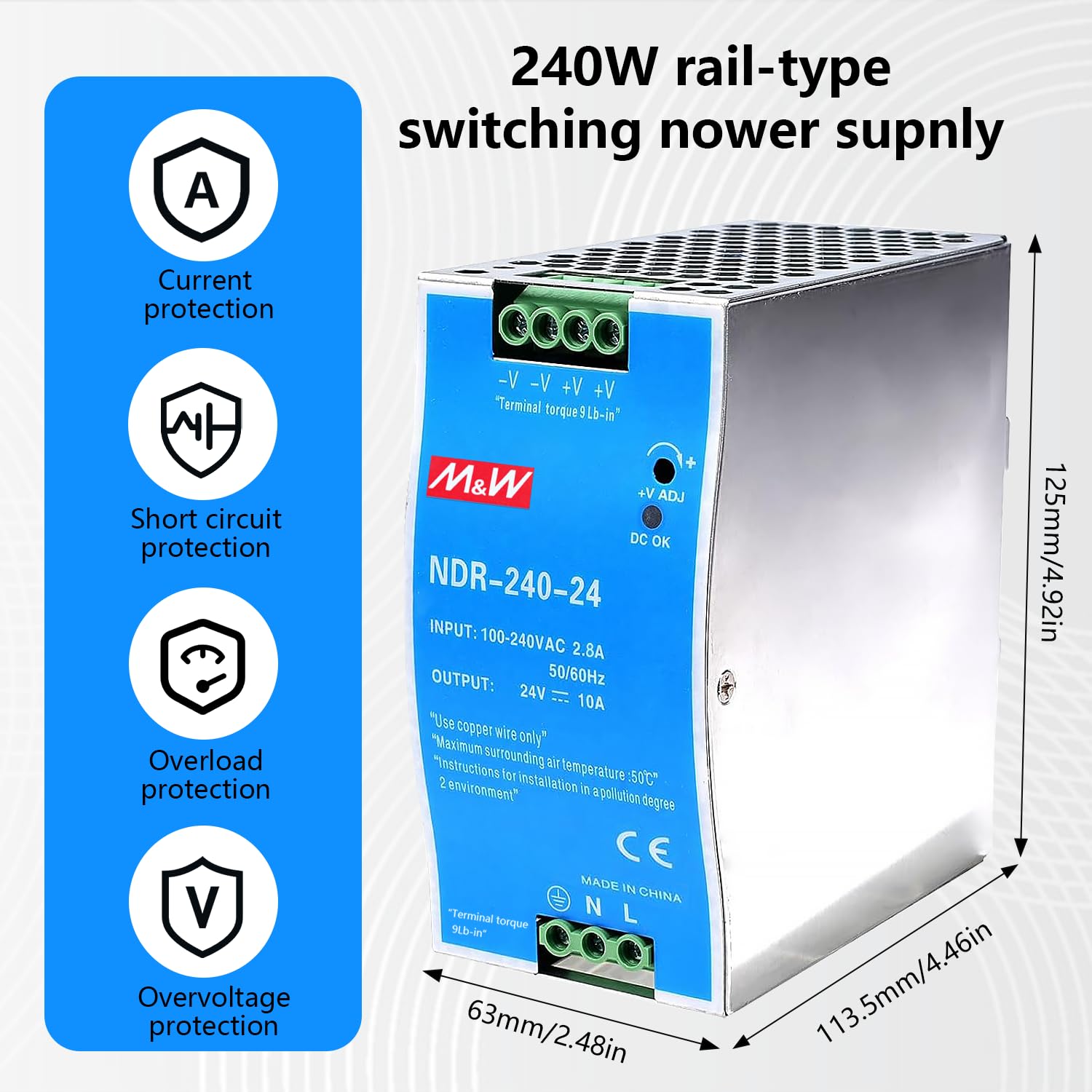 Fuente de alimentación para carriles, 24 V, 240 W, DIN rieles, fuente de alimentación conmutada, entrada 100-240 V CA, 2,8 A, salida CC 24 V 10 A, varias funciones de protección, ampliamente utilizado