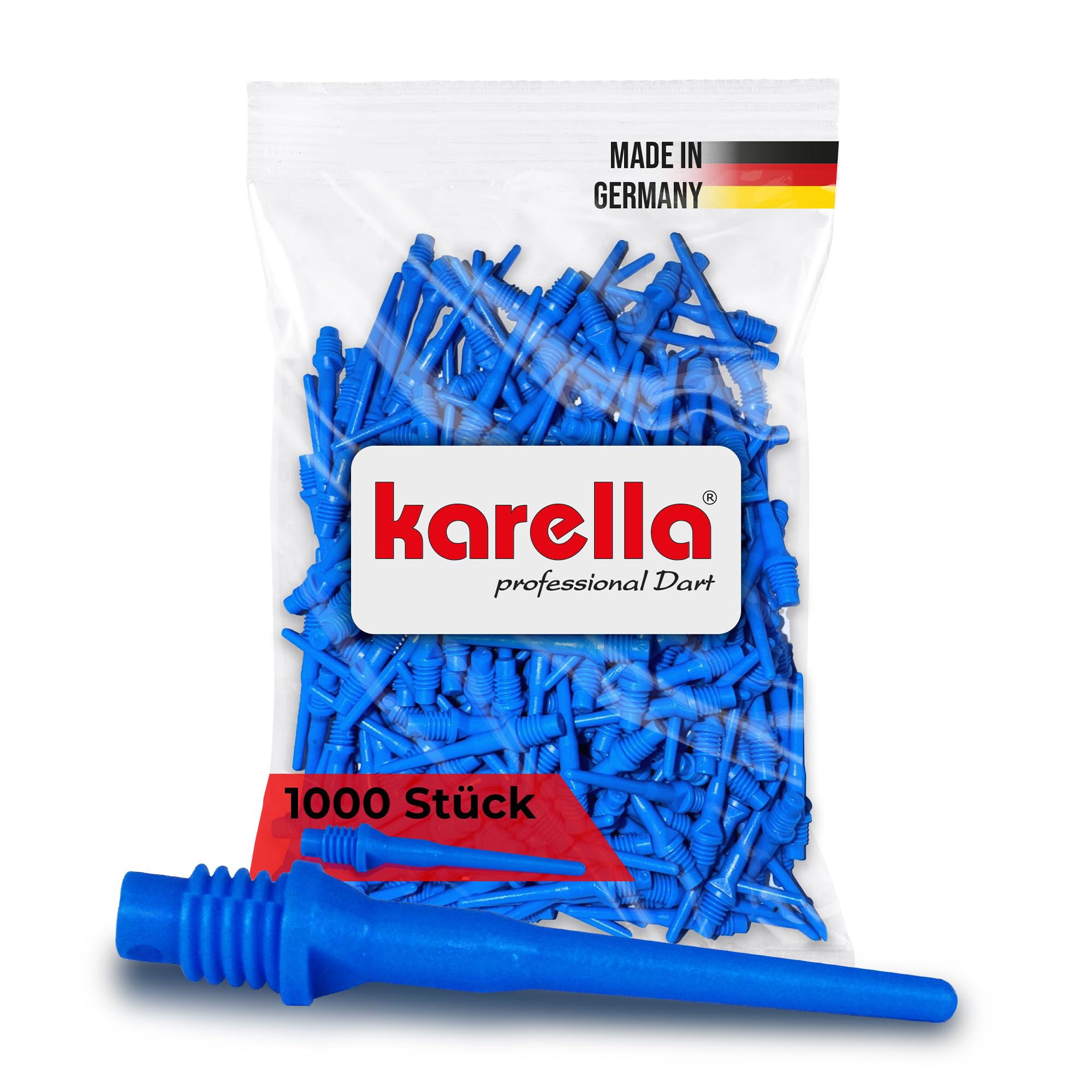 Karella Profi Dartspitzen Keypoint-Special, Made in Germany, 1000 St, 2BA Gewinde, extrem formstabile Softdart Ersatzspitzen aus Spezialkunststoff, Soft Tips, schwarz, rot, blau, weiß