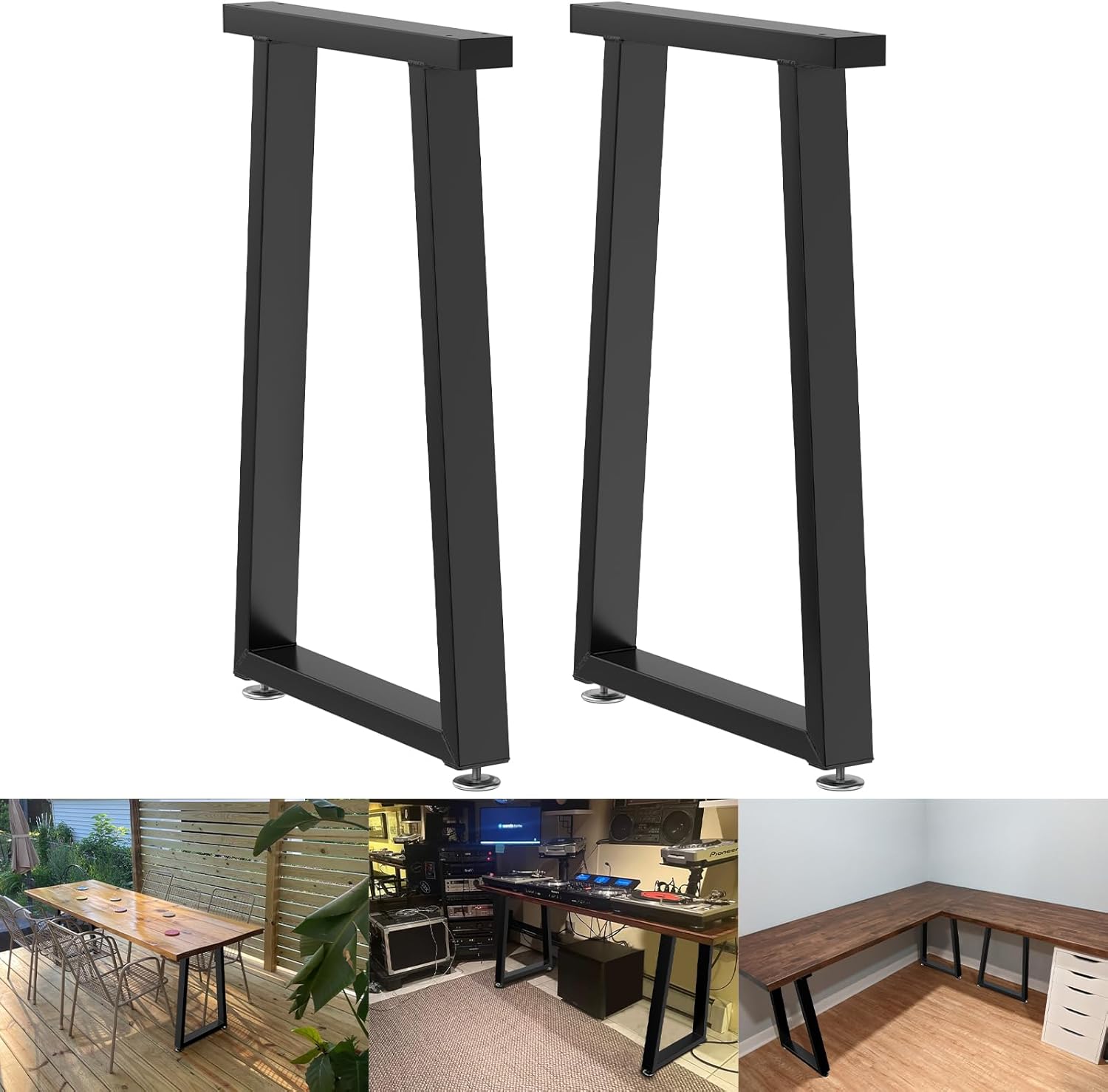 Heavy Duty 28" Black Steel Metal Trapezoid Table Legs, Tall Desk Legs with Protector Adjustable Feet, DIY-Office Desk Legs/Dining Table Legs/Outdoor Furniture Legs/Coffee Table Legs (Up to 1000LB)