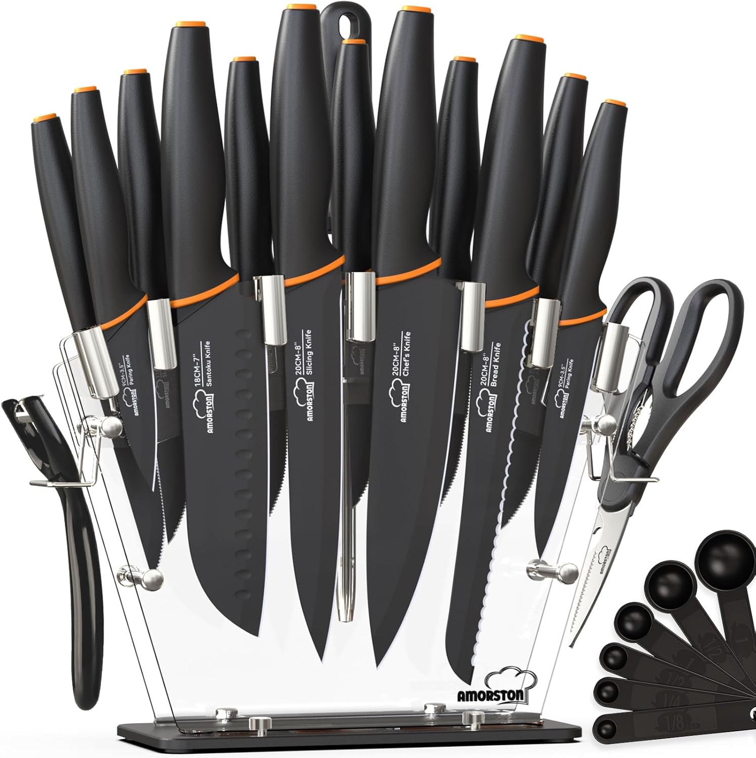 Amorston Knife Set, 22-Piece Kitchen Knife Set with Acrylic Block, Dishwasher Safe with Sharpener, High Carbon Stainless Steel, Anti-slip Ergonomic Handle, Black