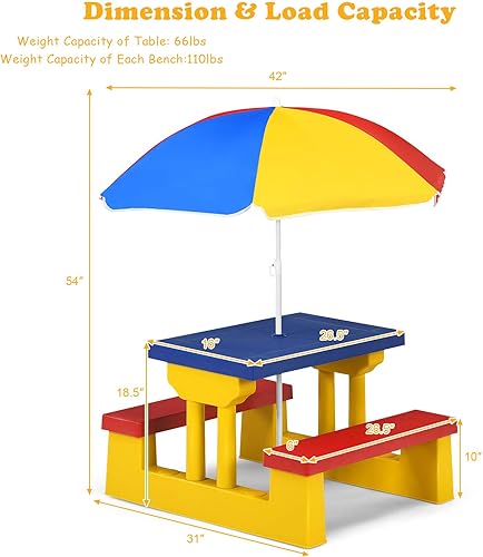 Miniatura 6 de Costzon Mesa de picnic para niños, mesa y banco para interiores y exteriores con paraguas extraíble, mesa de picnic portátil para niños pequeños