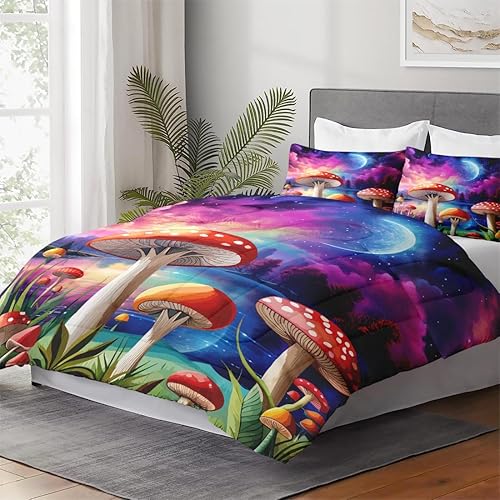 Miniatura 4 de WeCozy Juego de edredón de tamaño matrimonial con 2 fundas de almohada, juego de ropa de cama de verano con hongos y árboles de madera para niños y