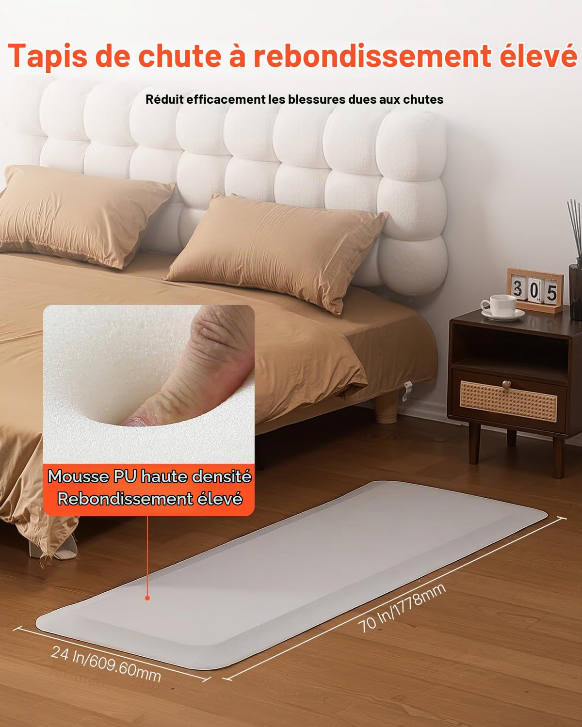 VEVOR Tapis Anti-chute pour Personnes Âgées, 609,6x1778 mm, Tapis de Protection de Chevet Antidérapant Bord Biseauté, Épaisseur 25,4 mm, Sécurité Renforcée, pour Personnes Âgées, Handicapées, Patients