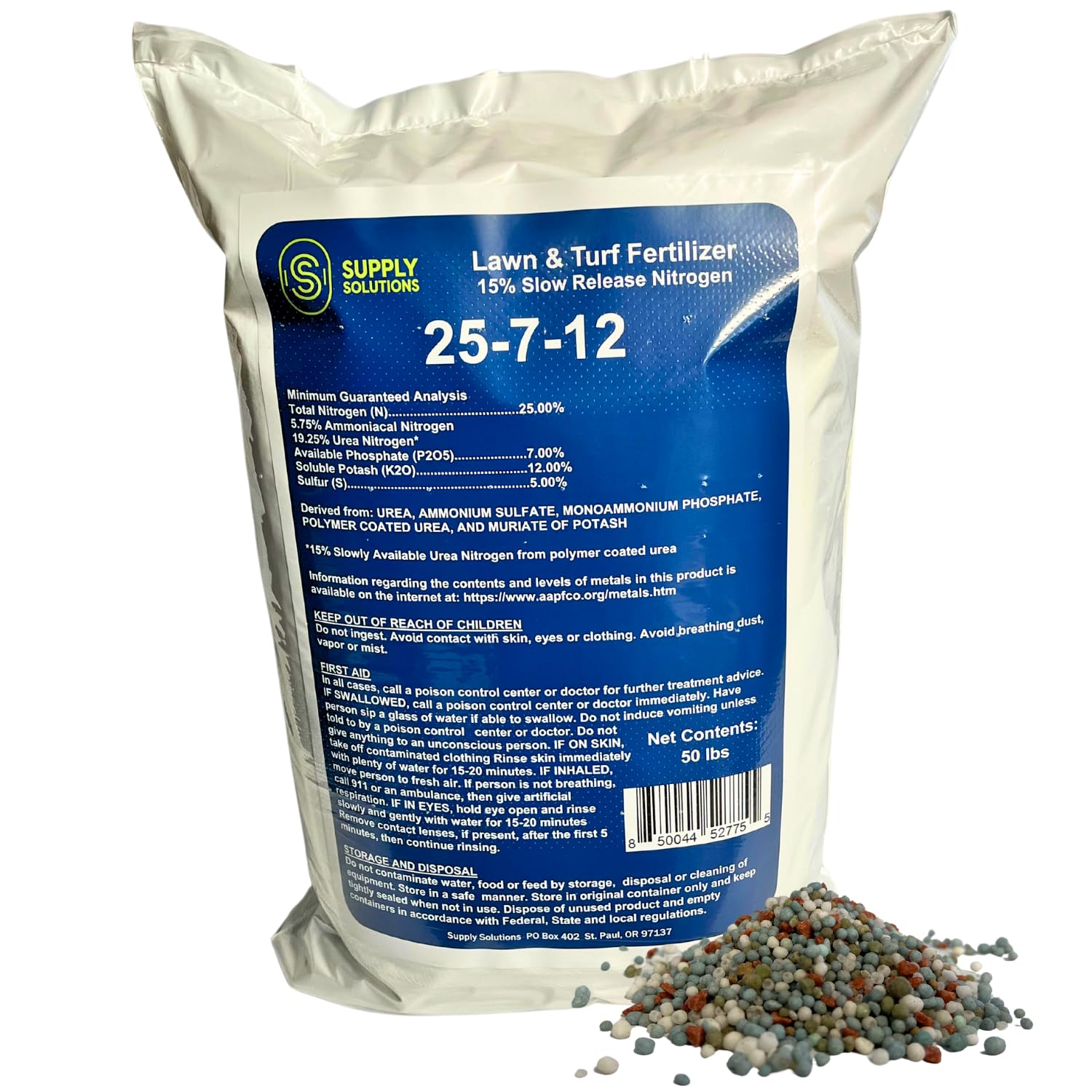 Supply Solutions 25-7-12 Lawn and Turf Fertilizer - 15% Slow Release Nitrogen Lawn Fertilizer for All Grass Types, Shrubs - Turf Builder Plant Food Covers 12,500 sq.ft (50lbs)