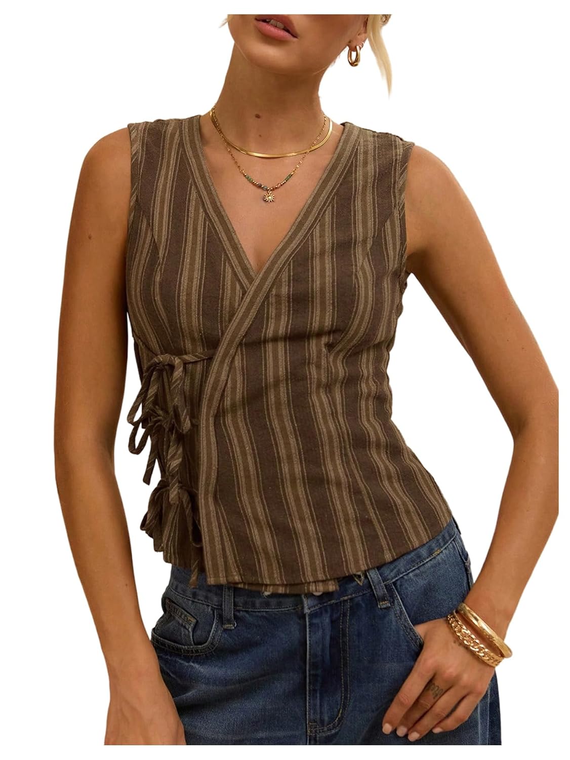 MakeMeChic Womens Y2K Striped Wrap Vest Top Vintage V Neck Tie Front Sleeveless Tops