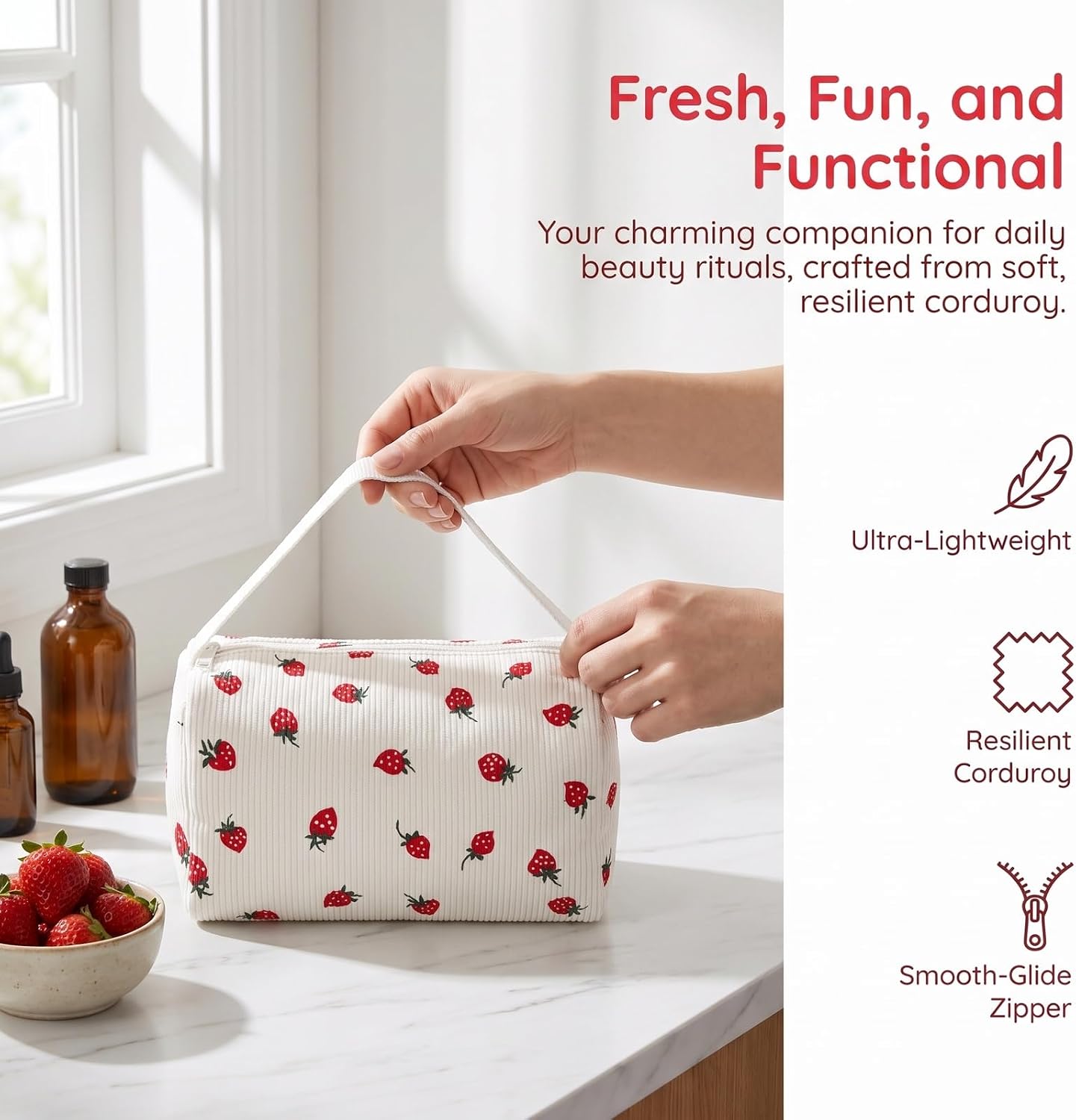 Large White Corduroy Cosmetic Bag Strawberry Pattern Handle Travel School Organizer for Women Girls image 5
