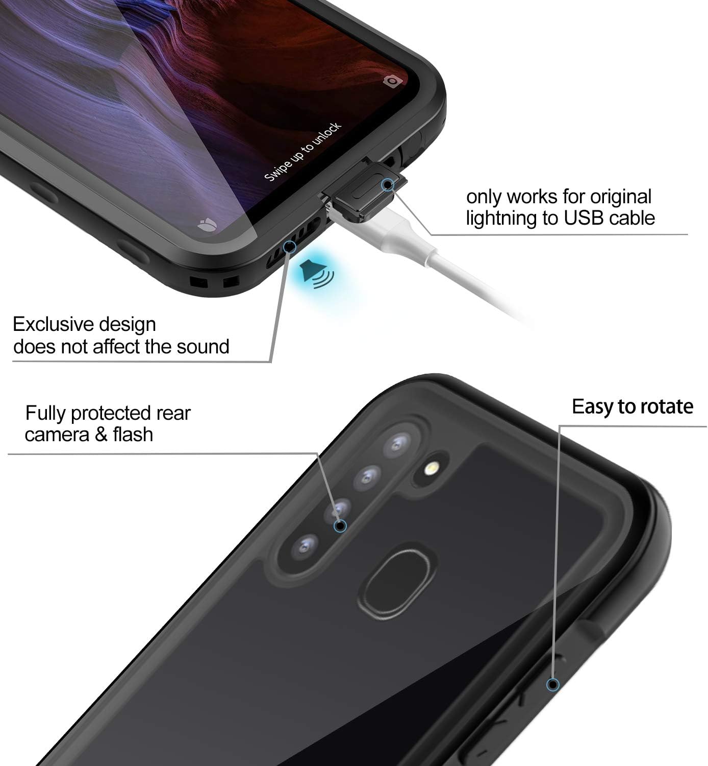 Janazan Galaxy A21 Case Waterproof, Built-in Screen Protector Protective Case with Clear Sound Quality, Heavy Duty Shockproof Sand Proof for Samsung Galaxy A21 (Not for A21s)