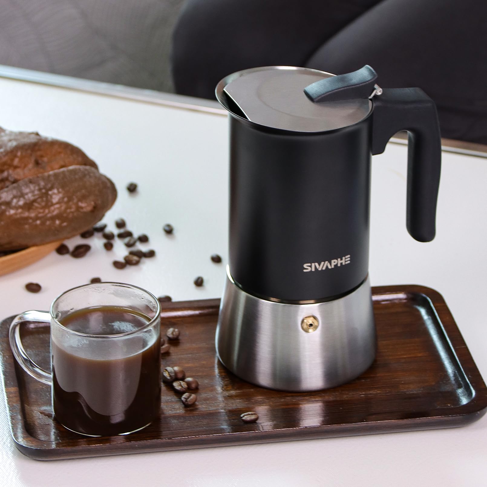 Sivaphe Cafetera de espresso de inducción, cocina de acero inoxidable, cafetera de espresso, cafetera moka, cafetera expreso sin aluminio, 6 tazas, 300 ml, color negro