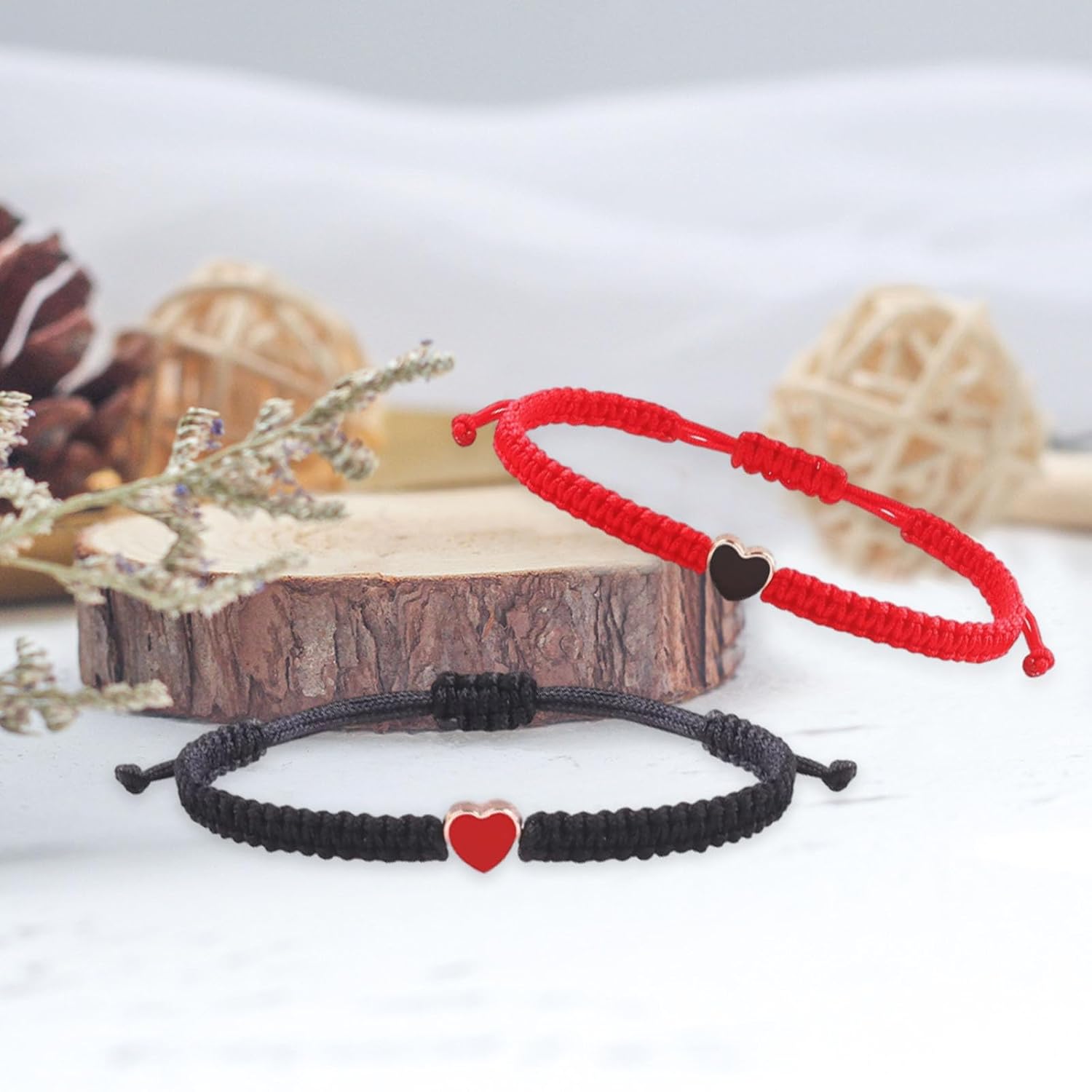 2PCS Colorful Couples Matching Heart Bracelet for Mother Daughter Couples and Friendships Braided String Adjustable Bracelets for Bf Gifts Bracelets for Mother Daughter Women Men Girls(Red & Black) - Image 4