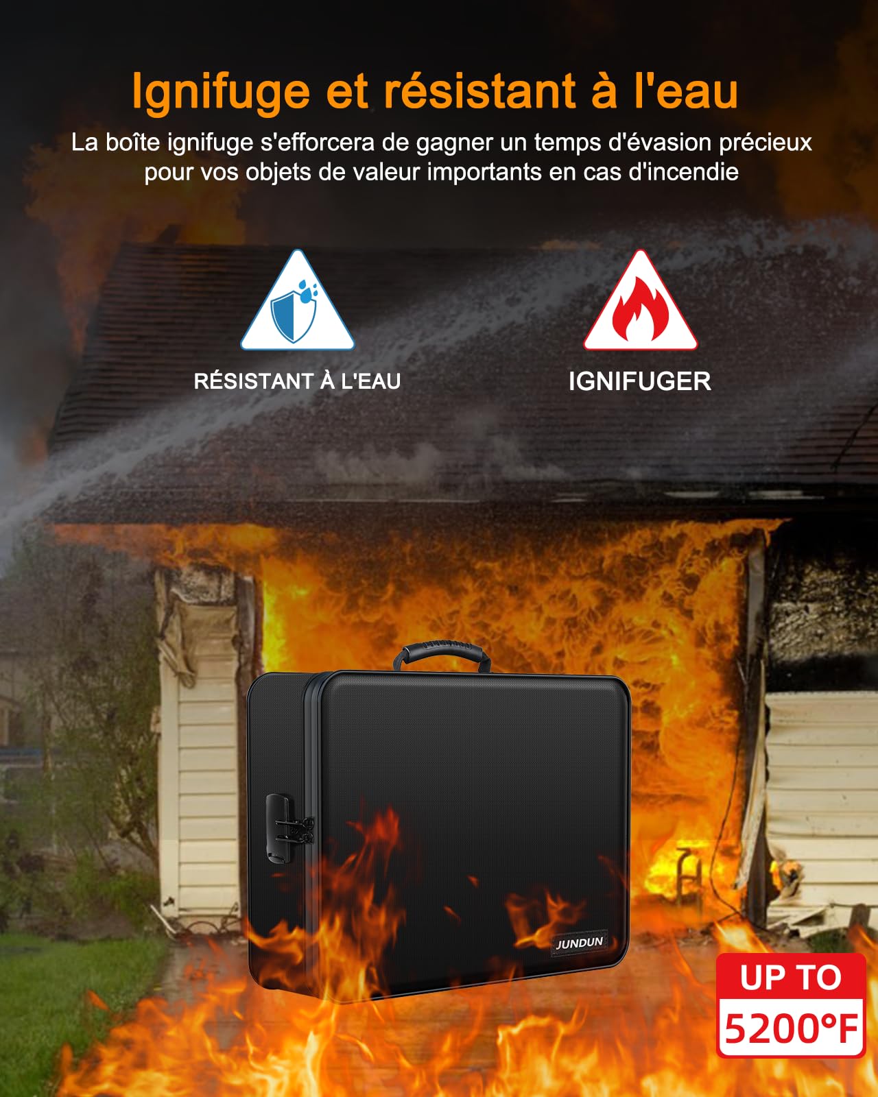 JUNDUN Organisateur de documents avec isolation thermique de 5200 ℉, porte-documents ignifuge avec serrure, boîte de rangement pour documents avec 7 compartiments, organiseur de dossiers（noir）