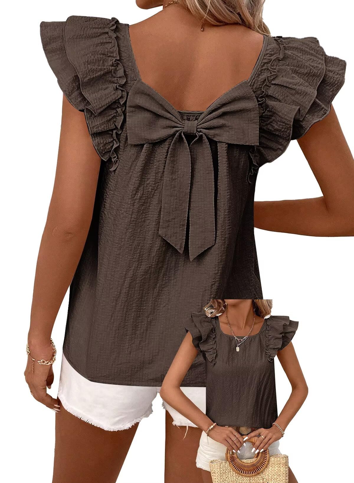Falechay Womens Bow Tie Back Tops Babydoll Vneck Ruffle Short Sleeve Shirts