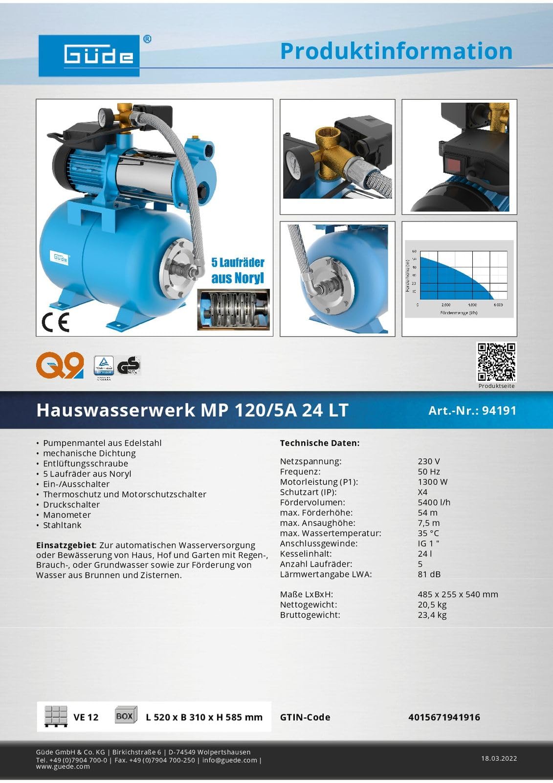 Güde 94191 Hauswasserwerk MP/5A 24 LT