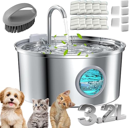 Pawira Water Fountain for Cats, 3.2L7L Pawira Cat Fountain, Super Quiet Stainless Steel Fountain Water Bowl for Small Cats Dogs & Medium and Large