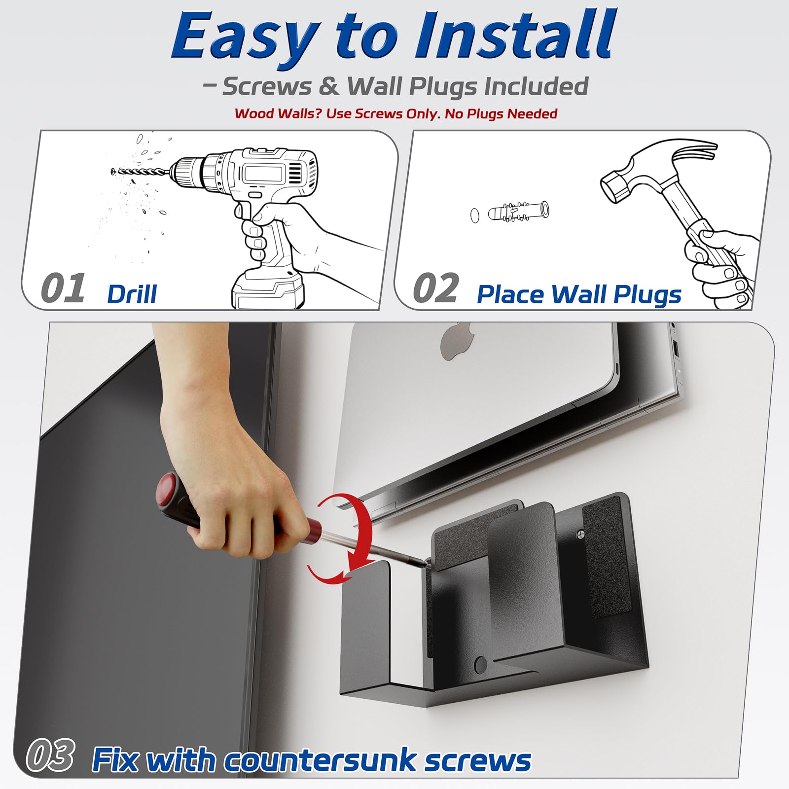 sciuU Supporto da Parete per Laptop Tablet Tastiera - Design a 2 Strati – Scaffale da Muro in Metallo Universale per 2 Dispositivi con Spessore < 4 cm, Staffa Versatile per TV box, Router, E-Reader