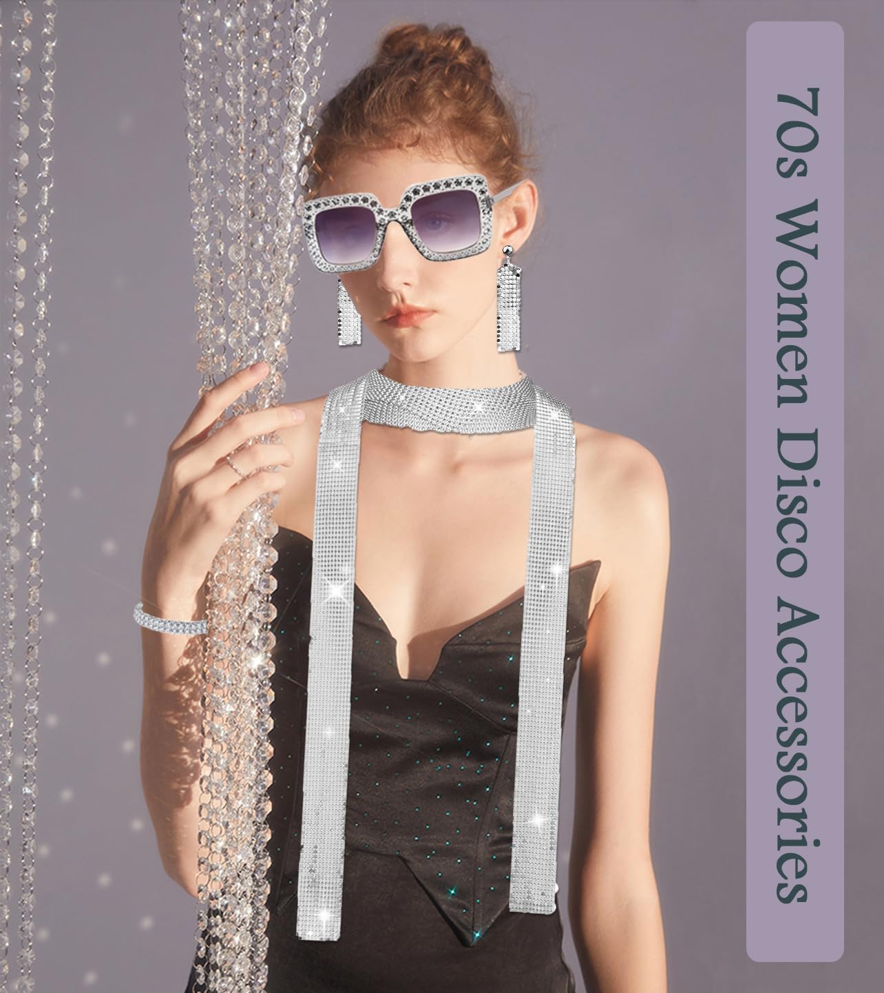 1970s Disco Accessories Women Costume Set Disco Ball Earrings Necklace Sequin Scarf Headband Bracelet Ring Sunglasses - Image 2