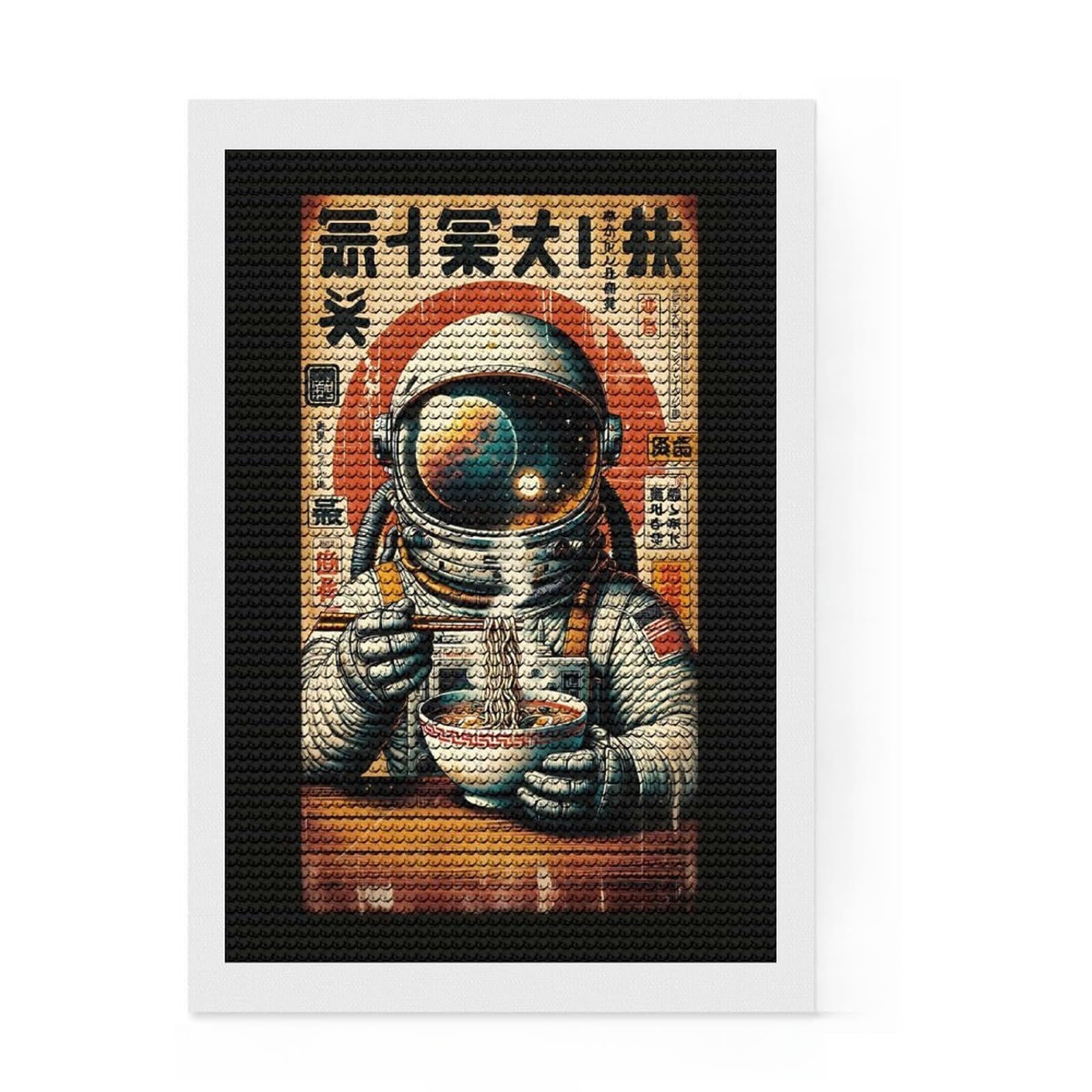 Junmoney Astronaut Eating Ramen in Space 5D Diamond Painting Kit 8"x12", Round Gems, Living Room Decor, Decorative Artwork, Vintage Style Decor