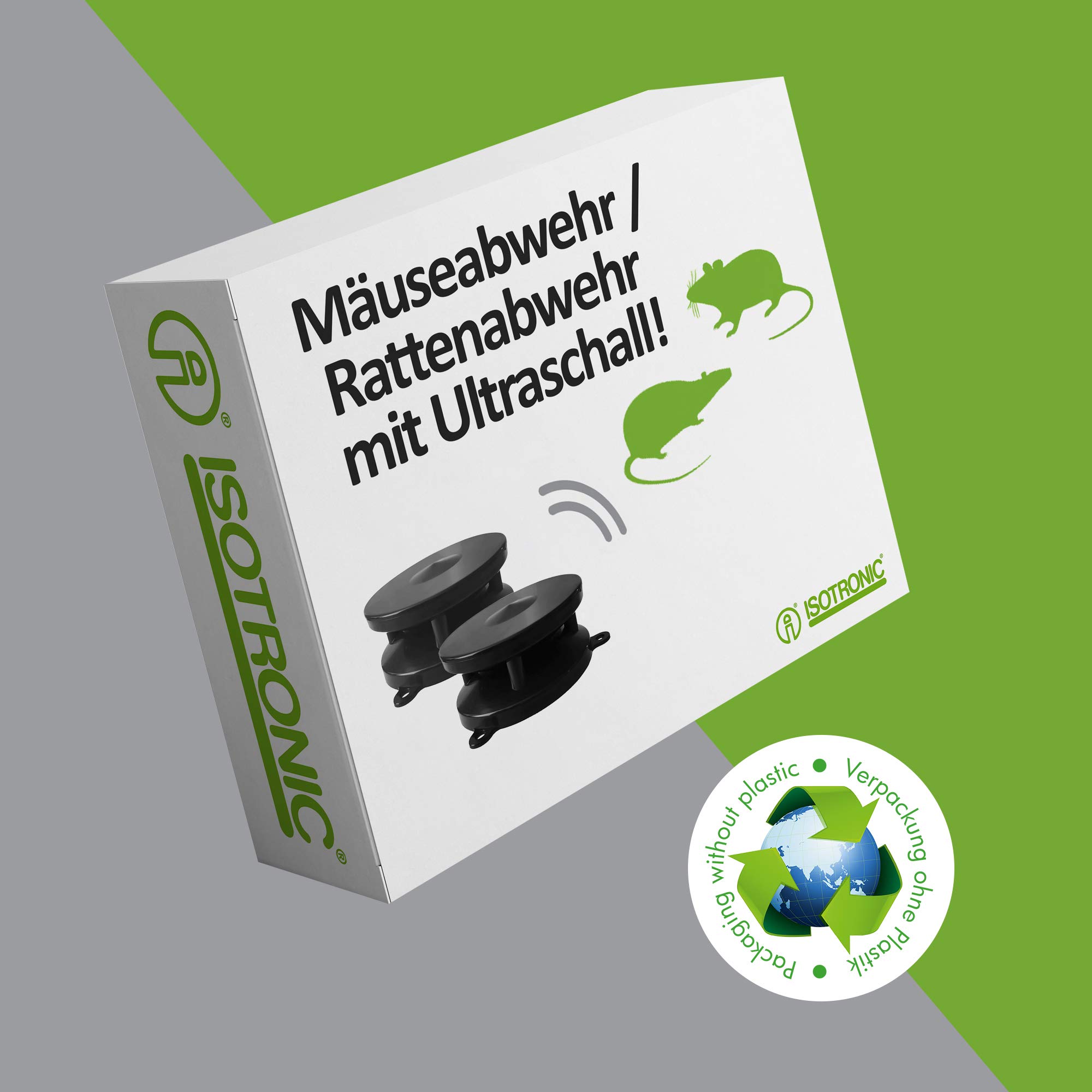 ISOTRONIC Ultradźwiękowy odstraszacz myszy i kun 360° – Do samochodu, na strych, do piwnicy i garażu – Ochrona bez trucizny i pułapek – Zasięg skuteczny 40 m² (2 urządzenia)