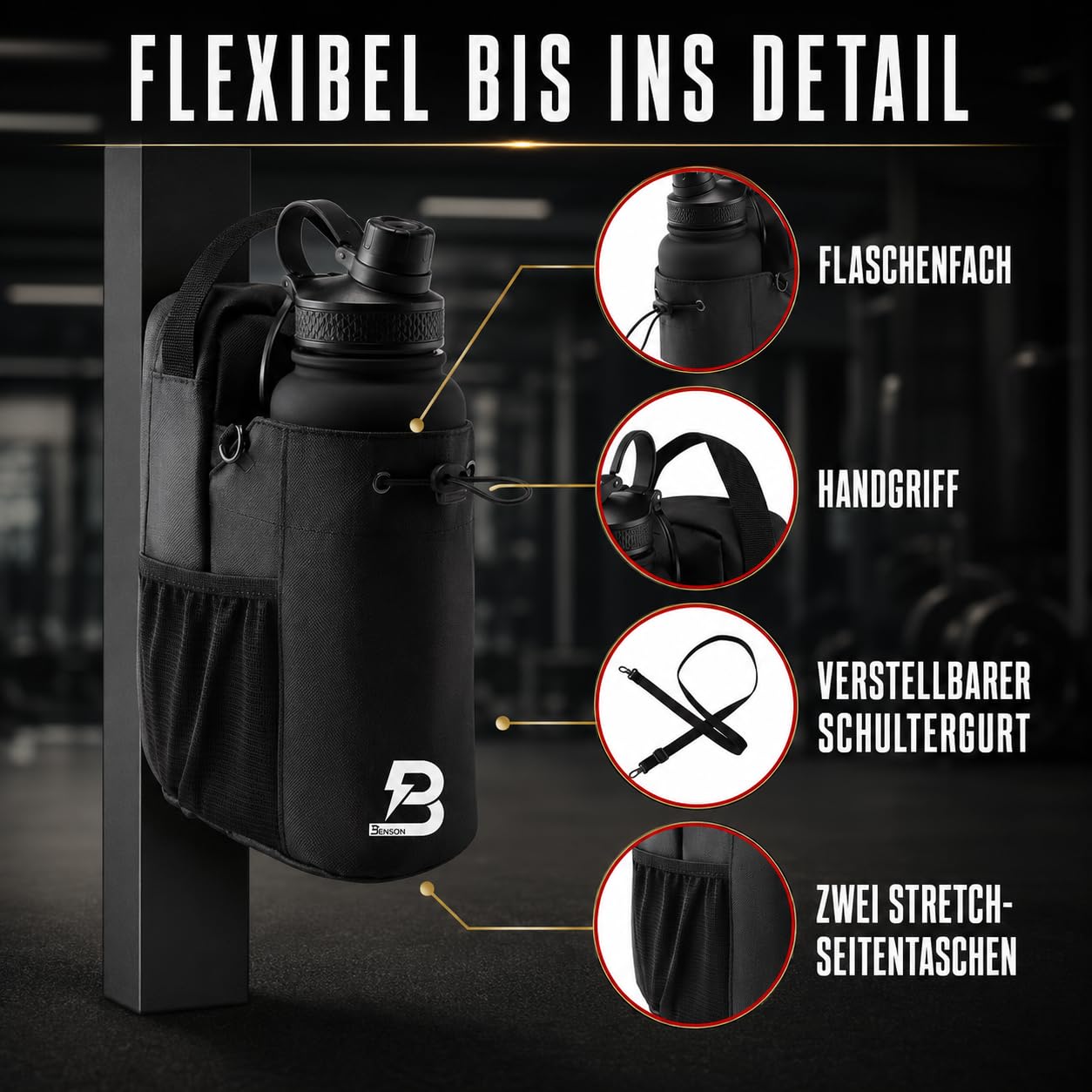 Benson Sac de fitness magnétique - Sac banane avec fixation magnétique puissante - Porte-bouteille pour bouteilles jusqu'à 3000 ml - Compartiment pour téléphone portable - Mousqueton - Pour homme et