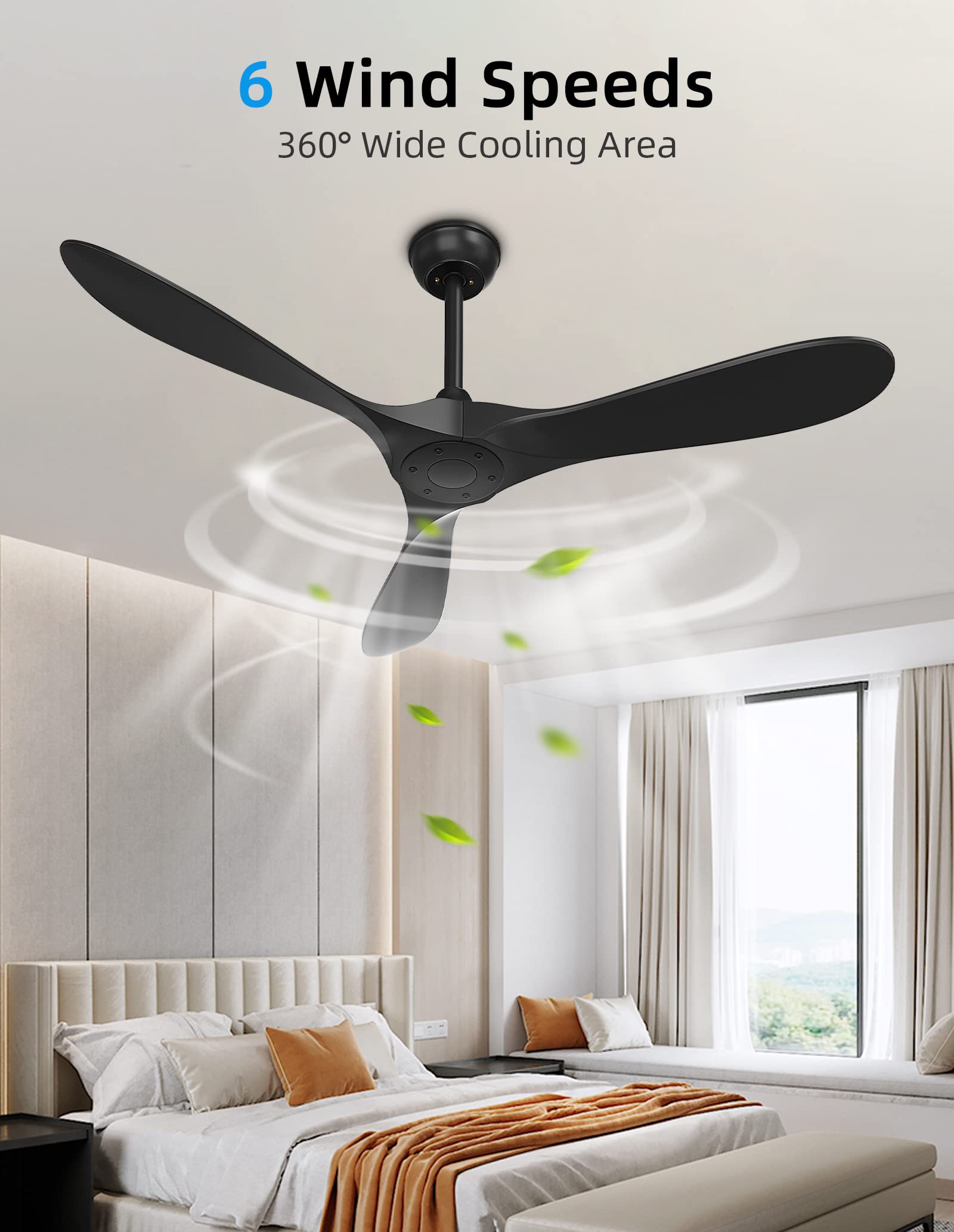 BECLOG Ceiling Fan With Remote Control,Black Indoor & Outdoor Ceiling Fans with Noiseless DC Motor and 3 Downrods.52inches