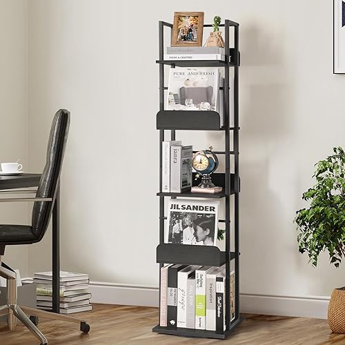 Vista 8 de Estantería giratoria Bikoney, estantería de 5 niveles para esquina, estantería pequeña y estrecha, estantería alta industrial, de madera y metal