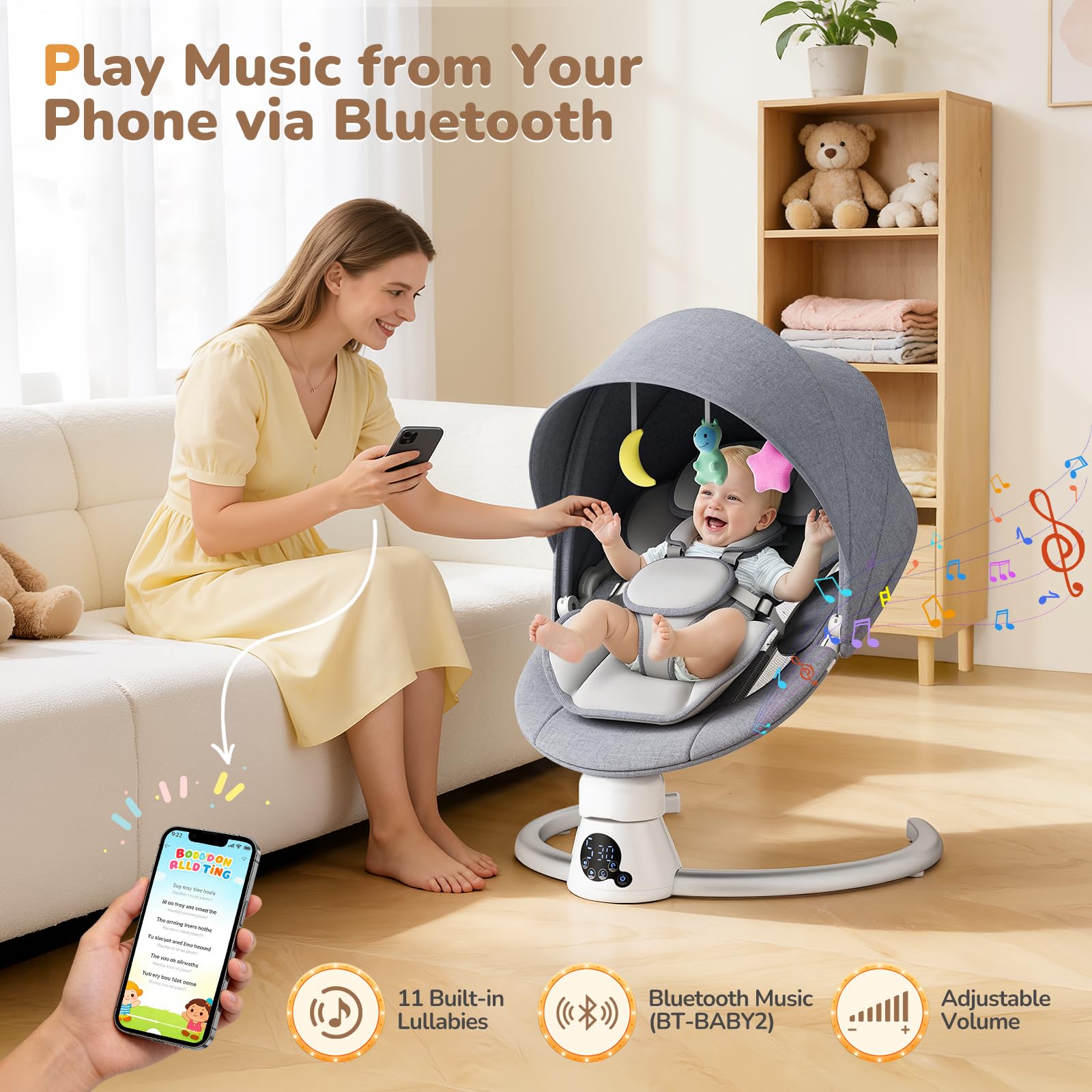 Baby Bouncer, columpio eléctrico portátil para bebé con Bluetooth, 5 velocidades de swing, arnés de 5 puntos, control remoto y panel táctil (gris)