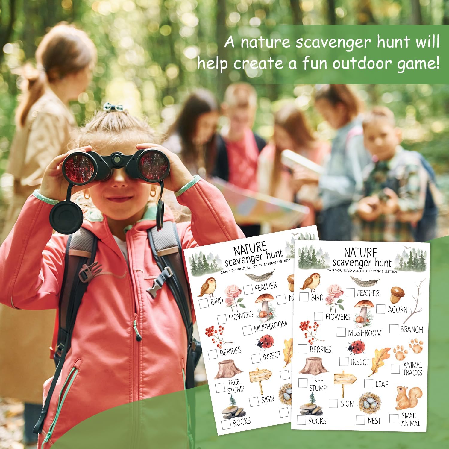 30 Pcs Nature Scavenger Hunt Cards, Find and Seek Camping Sheets, Woodland Themed Holiday Party Game Outdoor Activity for Family Friend -01