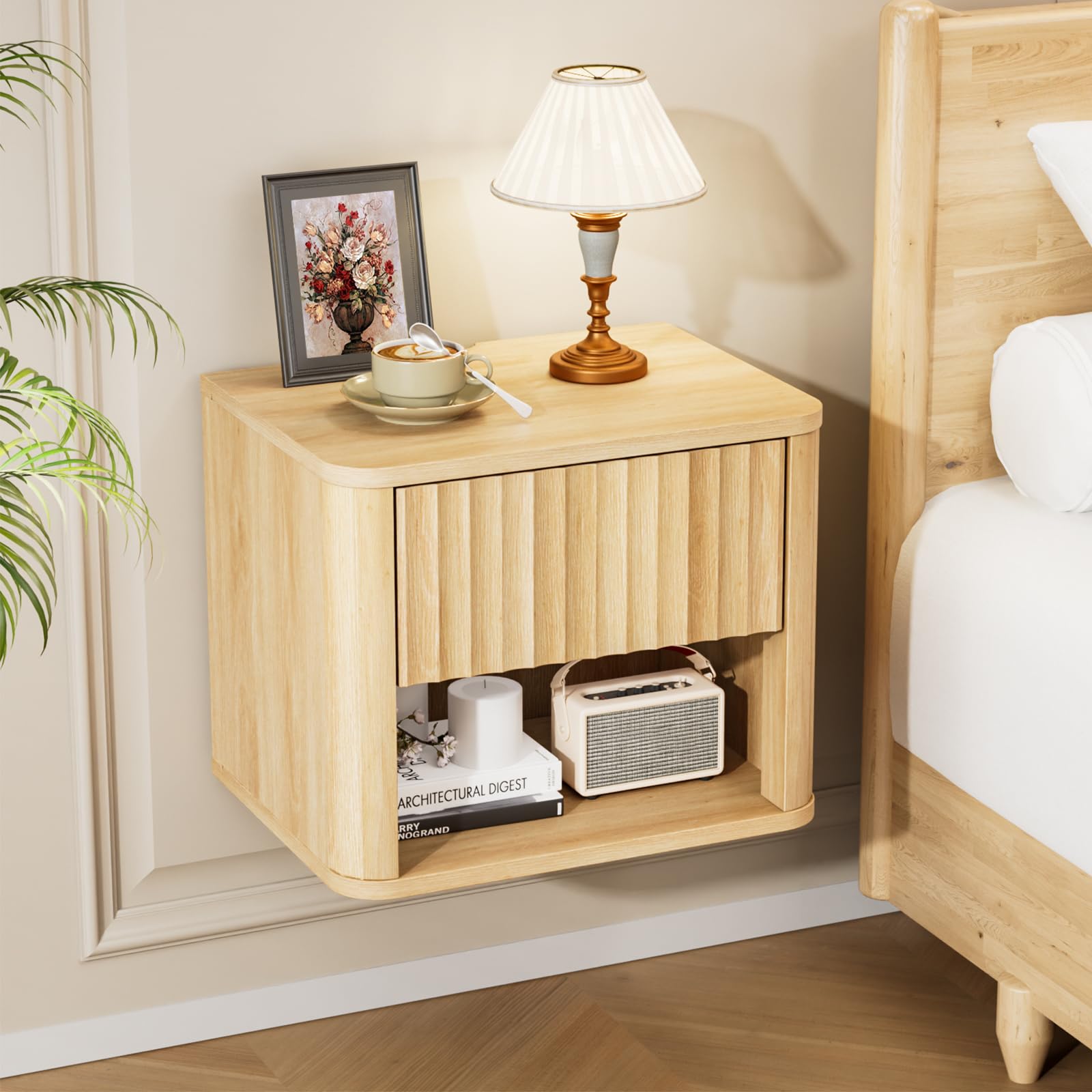Bonnlo Oak Floating Bedside Table, Wall Mounted Nightstand with 1 Drawer, Grille Floating Side Table with Open Shelf, 40×30×33cm for Bedroom — image 1