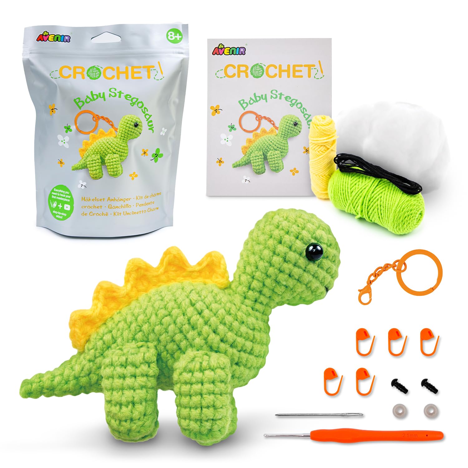 Avenir Beginner Crochet Kit – Baby Stegosaur Bag Charm | Crochet Kit for Beginners with Video Tutorials, Pre‑Started Yarn & Full Supplies | Cute Crochet Animal Craft Gifts