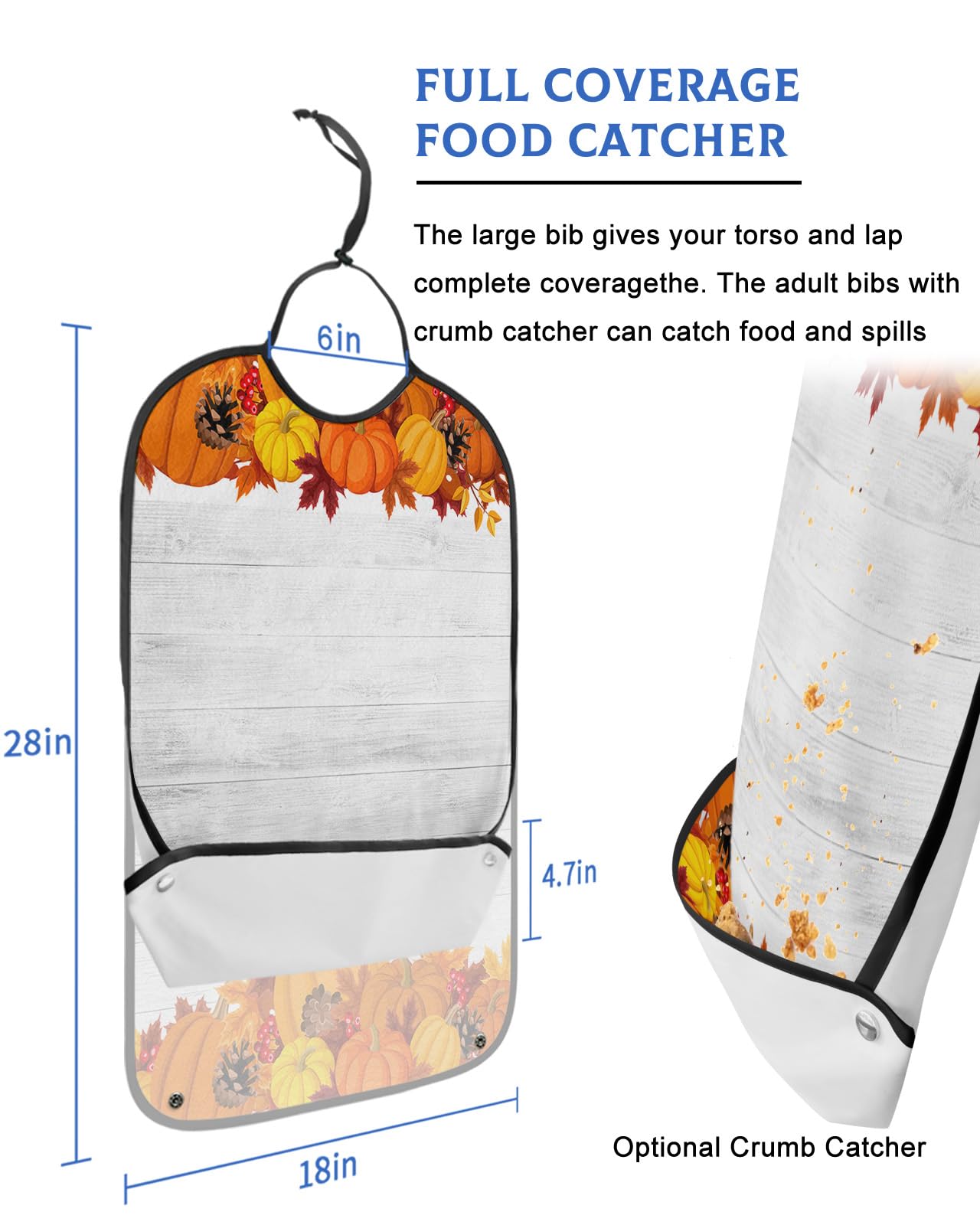LEOKOTI Happy Thanksgiving Adult Bibs for Eating, Waterproof Bibs with Food Catcher & Adjustable Snap Closure, Autumn Pumpkin Leaves Wood Washable Clothing Protectors Adult Bibs for Elderly Women/Men