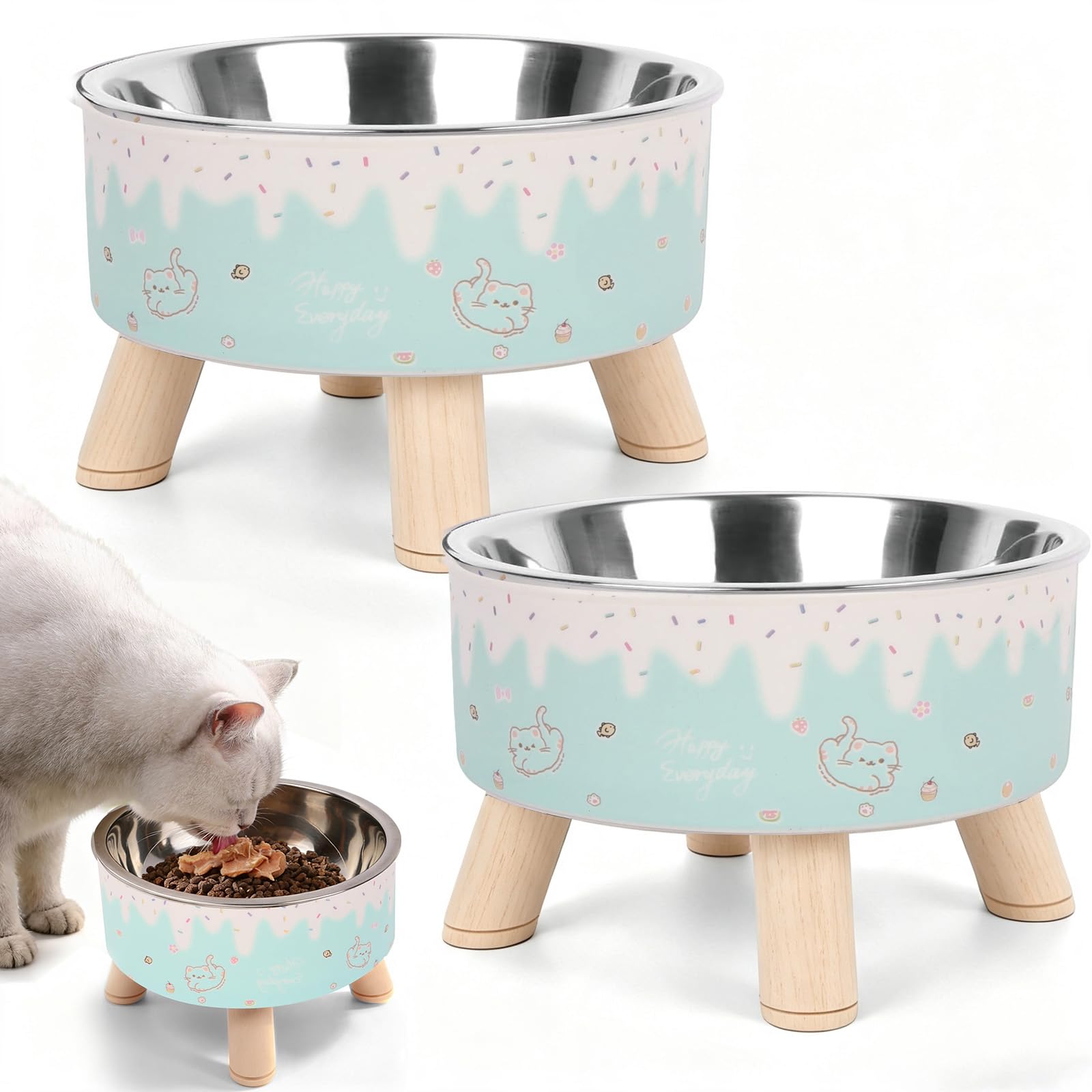 Guittly 2 Pack Raised Stainless Steel Cat Bowls, Elevated Cat Feeding Bowl with Non-slip Stand, Cute Food Water Bowls for Cats Kittens Pet Supplies Accessories (H)