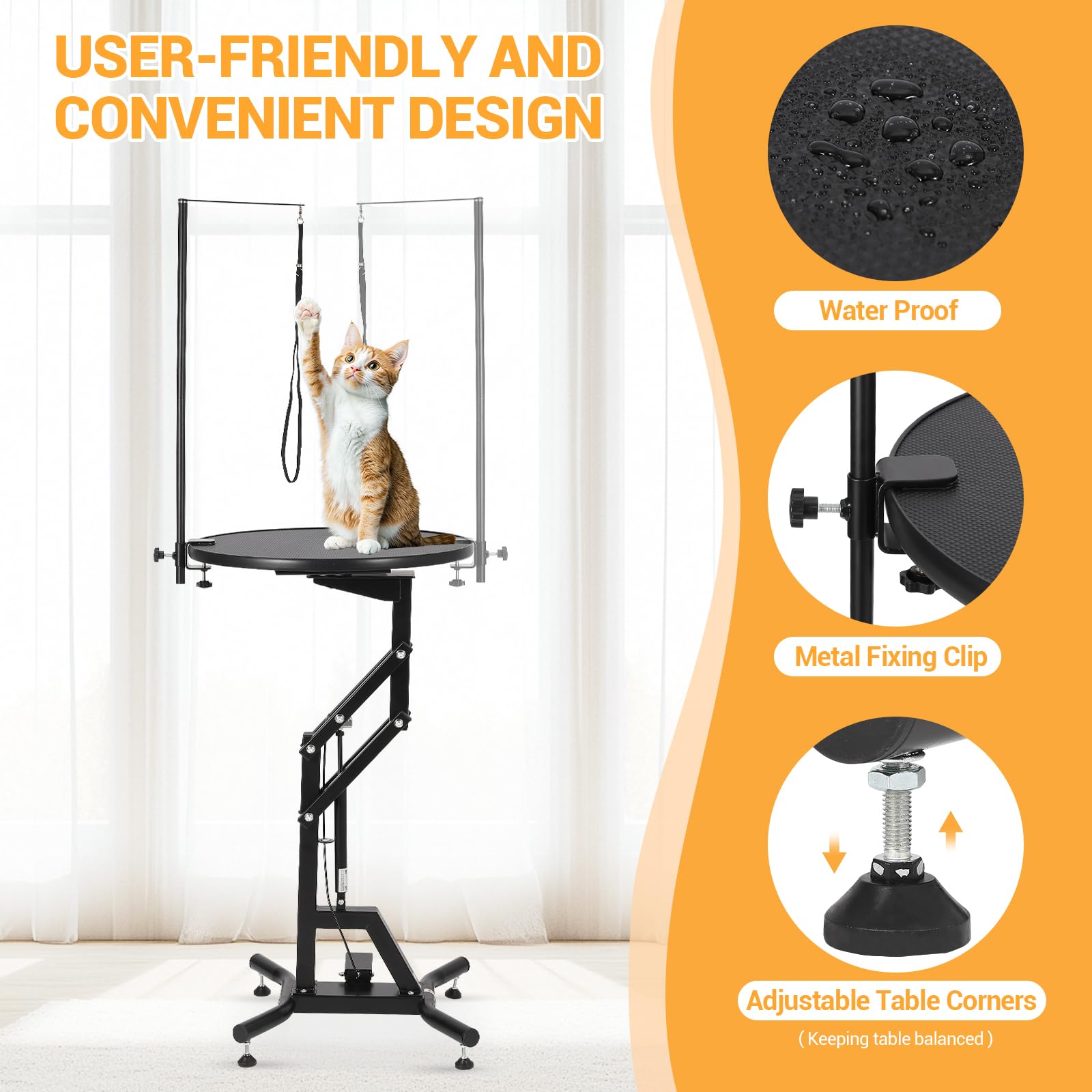 Tavolo da toelettatura per cani con sollevamento idraulico resistente, girevole a 360°, parte superiore antiscivolo, altezza regolabile (71-104,5 cm) con braccio sopraelevato e fermi di sicurezza
