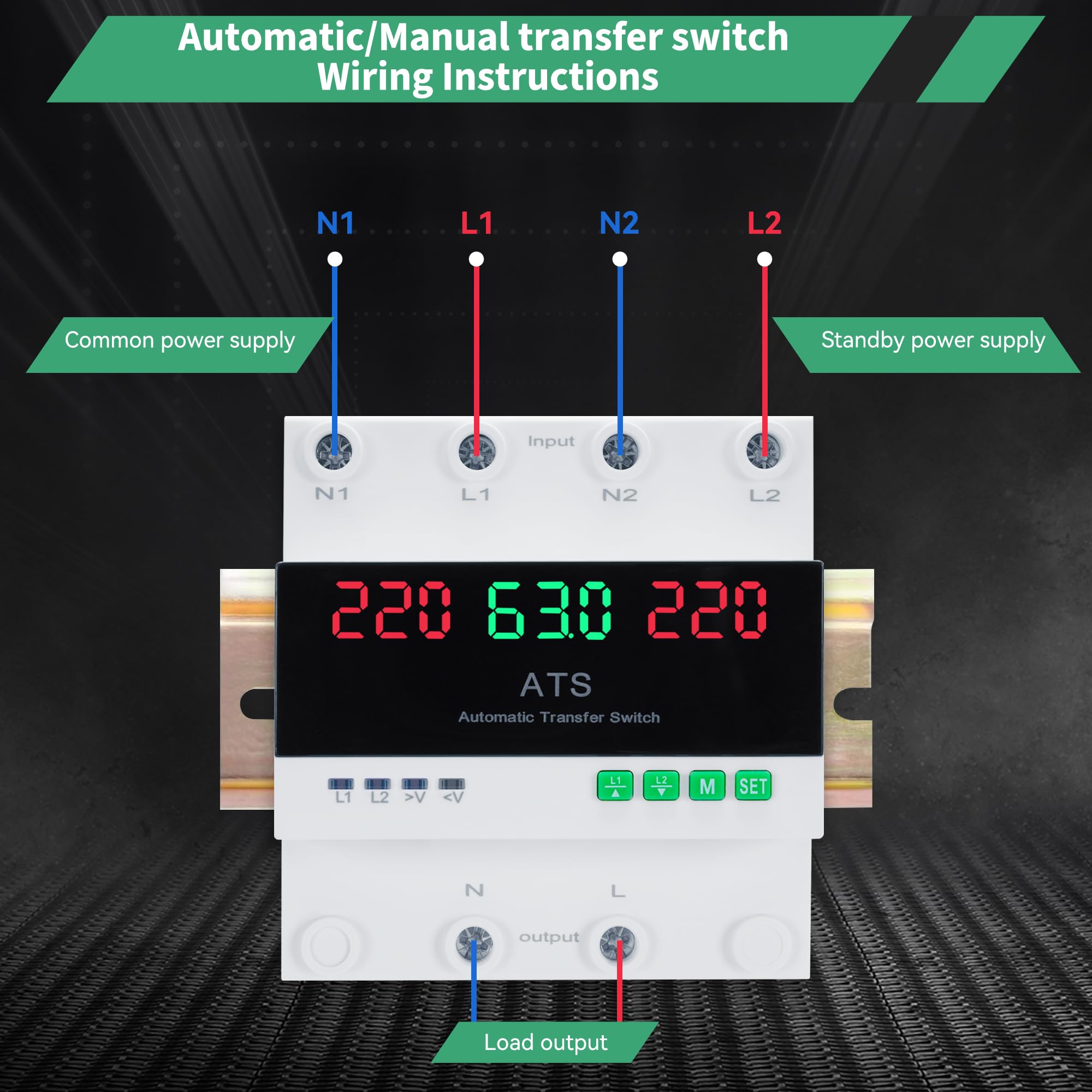 Interruttore di Trasferimento Automatico e Manuale 63A 220V Con Display Digitale, Valore Regolabile, Doppio Selettore di Alimentazione ATS per Generatori di Emergenza, Installazione guida DIN